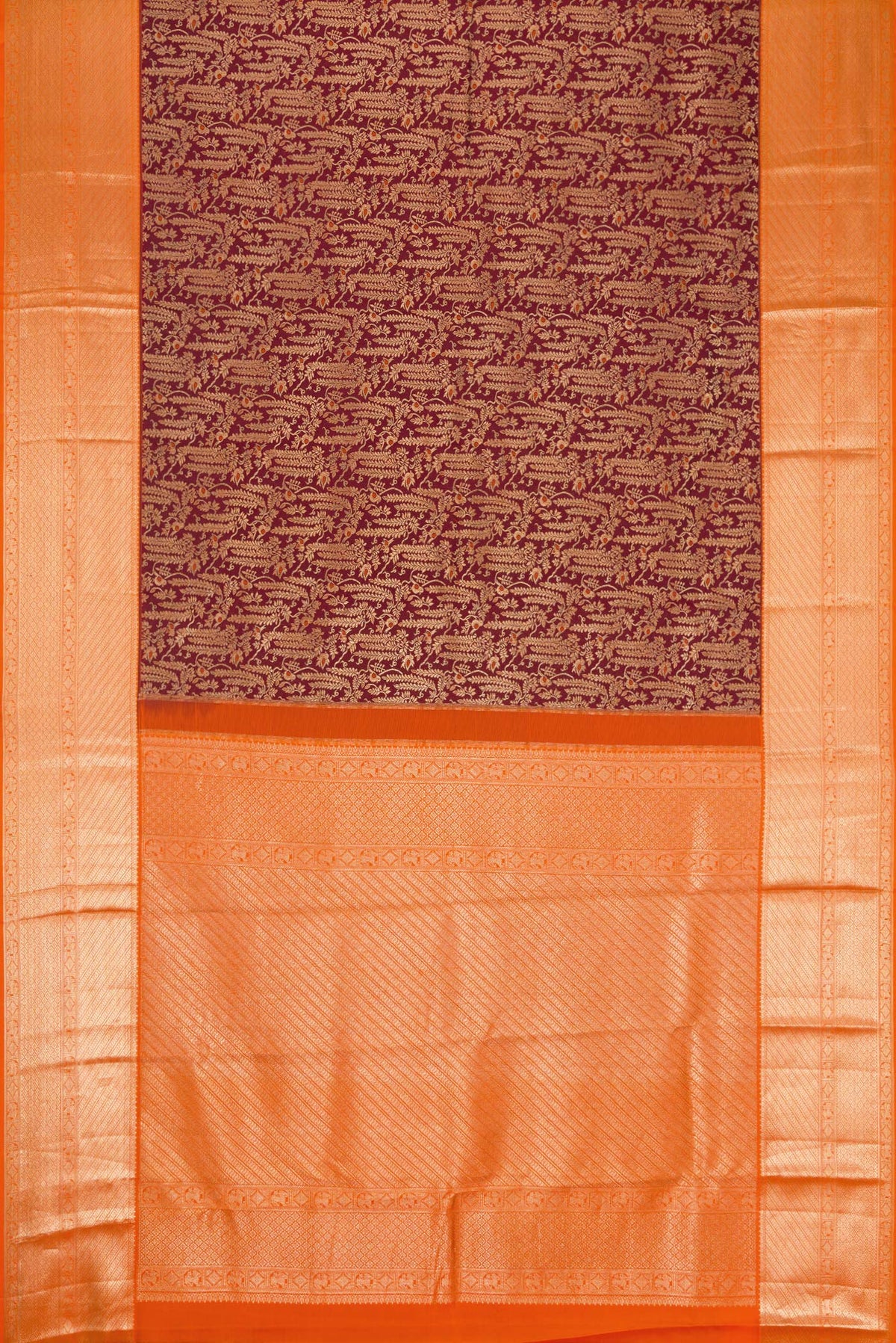 Flat view of Brown Dual Tone Kanchipuram Silk Saree with Zari Brocade on the body and Zari Border. 
