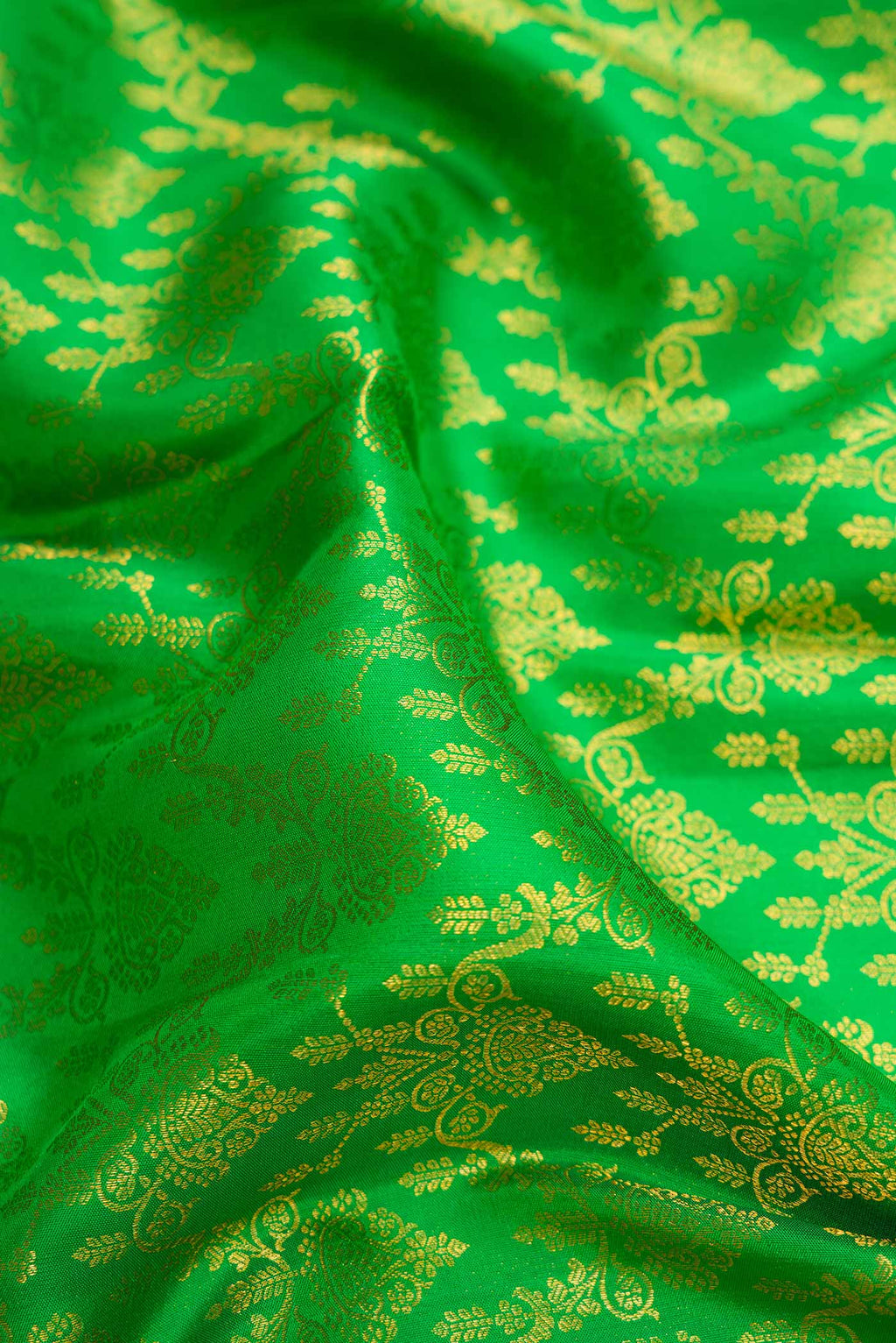 Close up of Parrot Green Dual Tone Kanchipuram Silk Saree with Zari Brocade on the body and Zari Border.  displaying folds