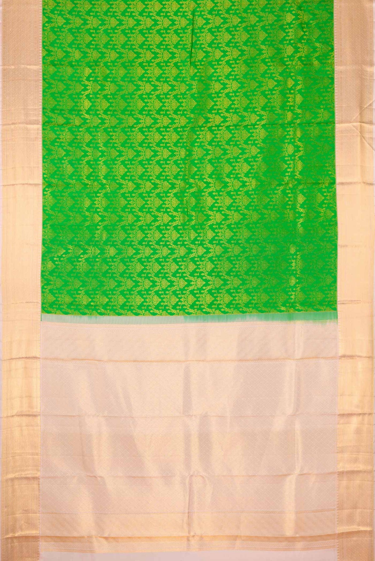 Flat view of Parrot Green Dual Tone Kanchipuram Silk Saree with Zari Brocade on the body and Zari Border. 