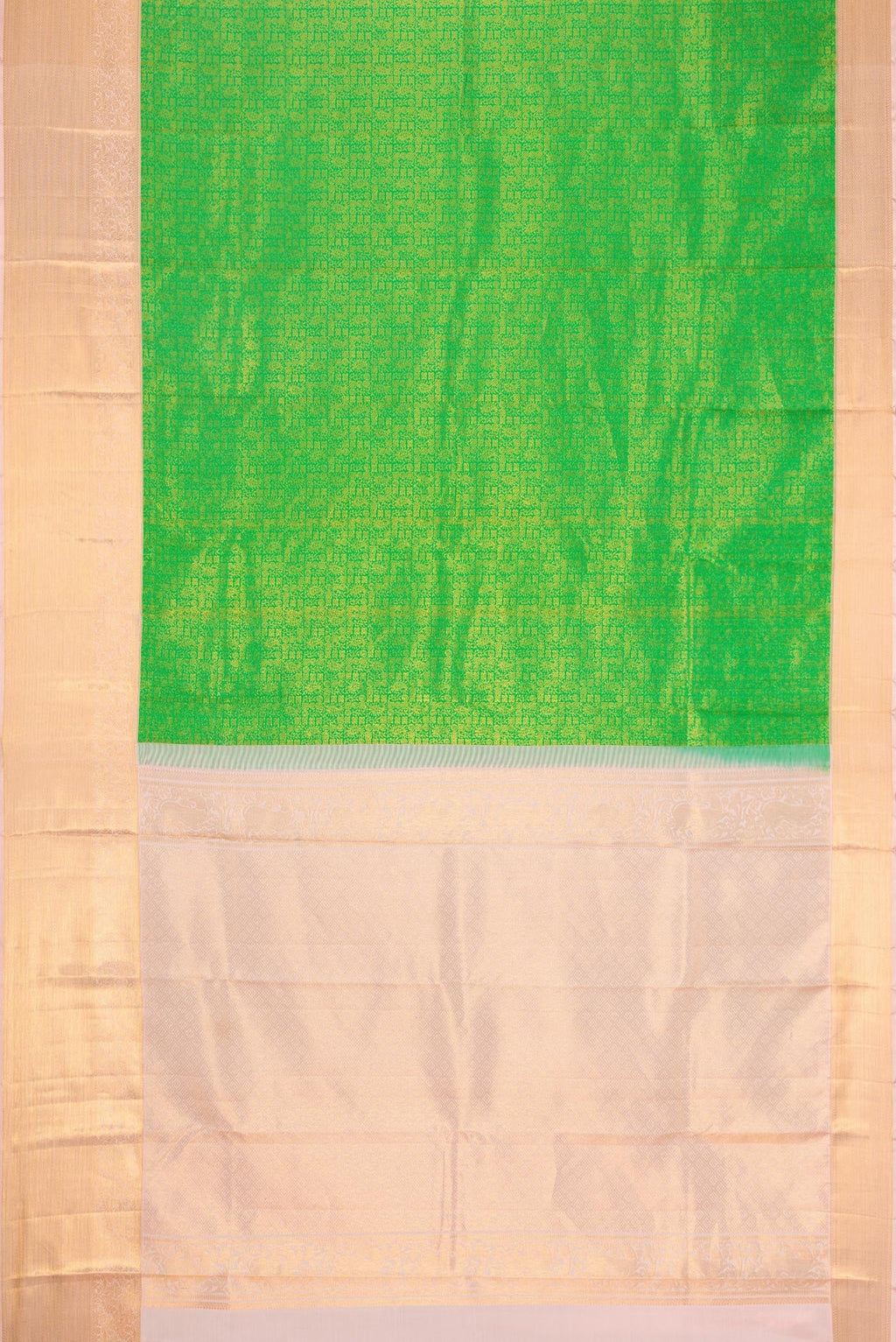 Flat view of Parrot Green Dual Tone Kanchipuram Silk Saree with Zari Brocade on the body and Zari Border. 