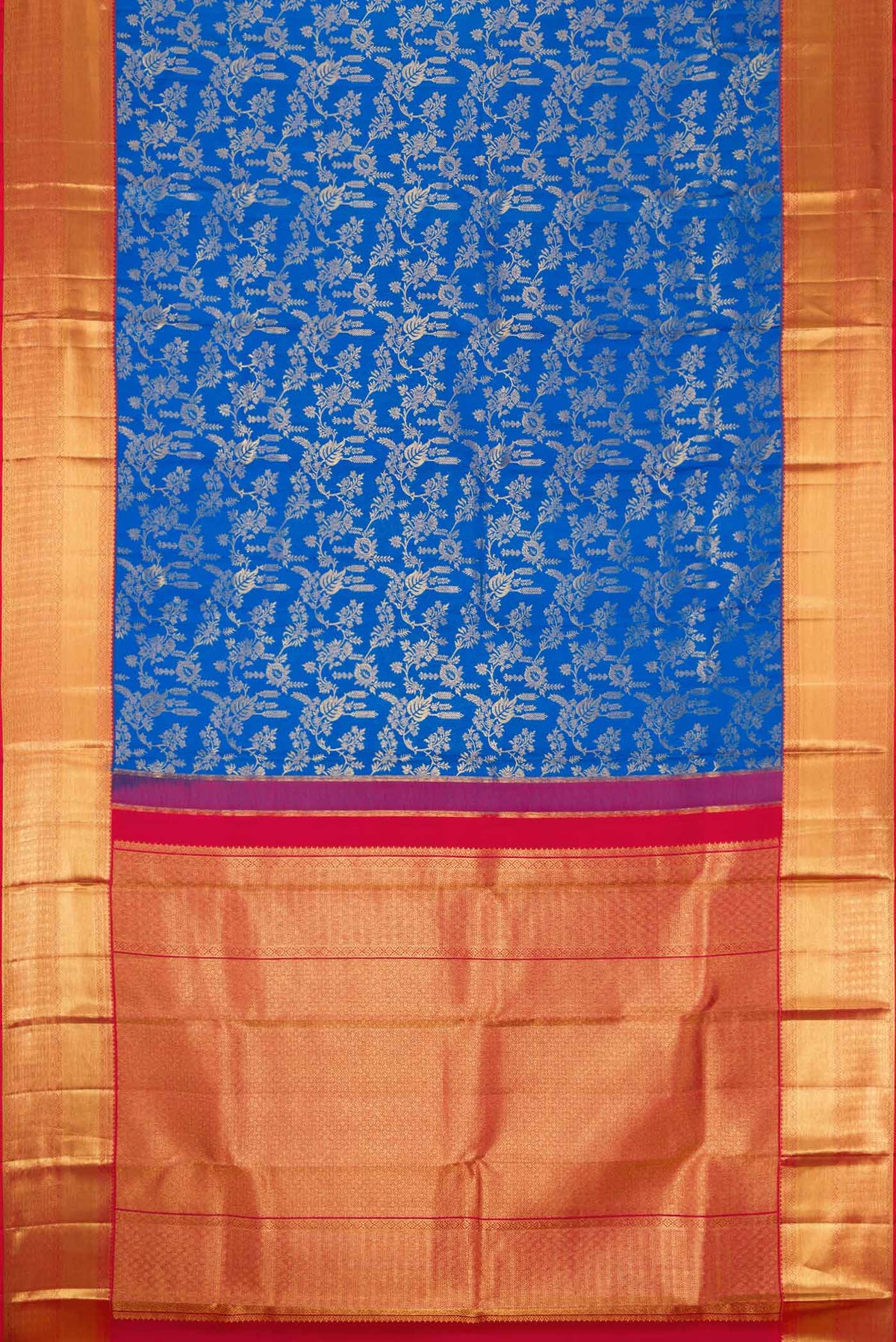 Flat view of Royal Blue Dual Tone Kanchipuram Silk Saree with Zari Brocade on the body and Zari Border. 