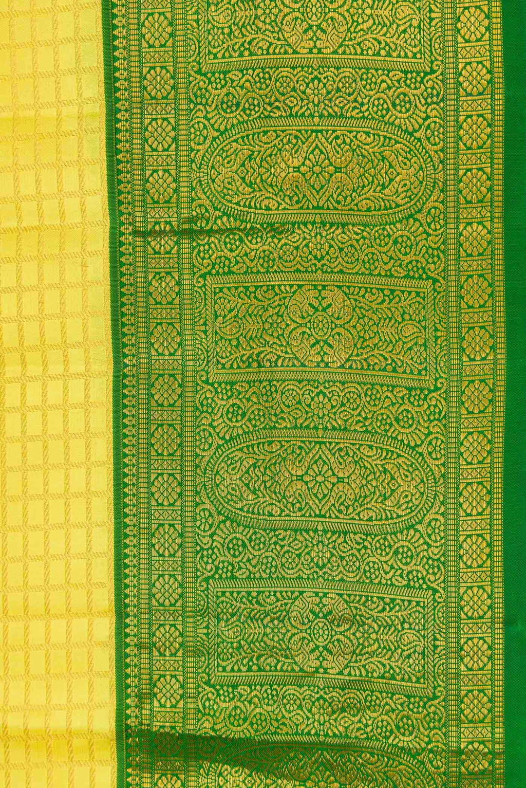 Border image of Yellow Dual Tone Kanchipuram Silk Saree with Checked design on the body and Zari Border
