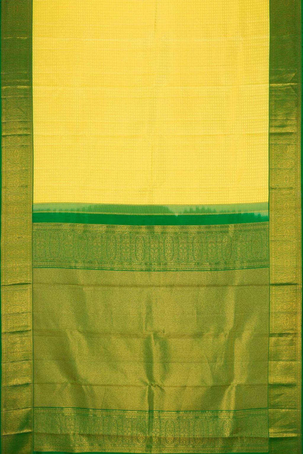 Flat view of Yellow Dual Tone Kanchipuram Silk Saree with Checked design on the body and Zari Border