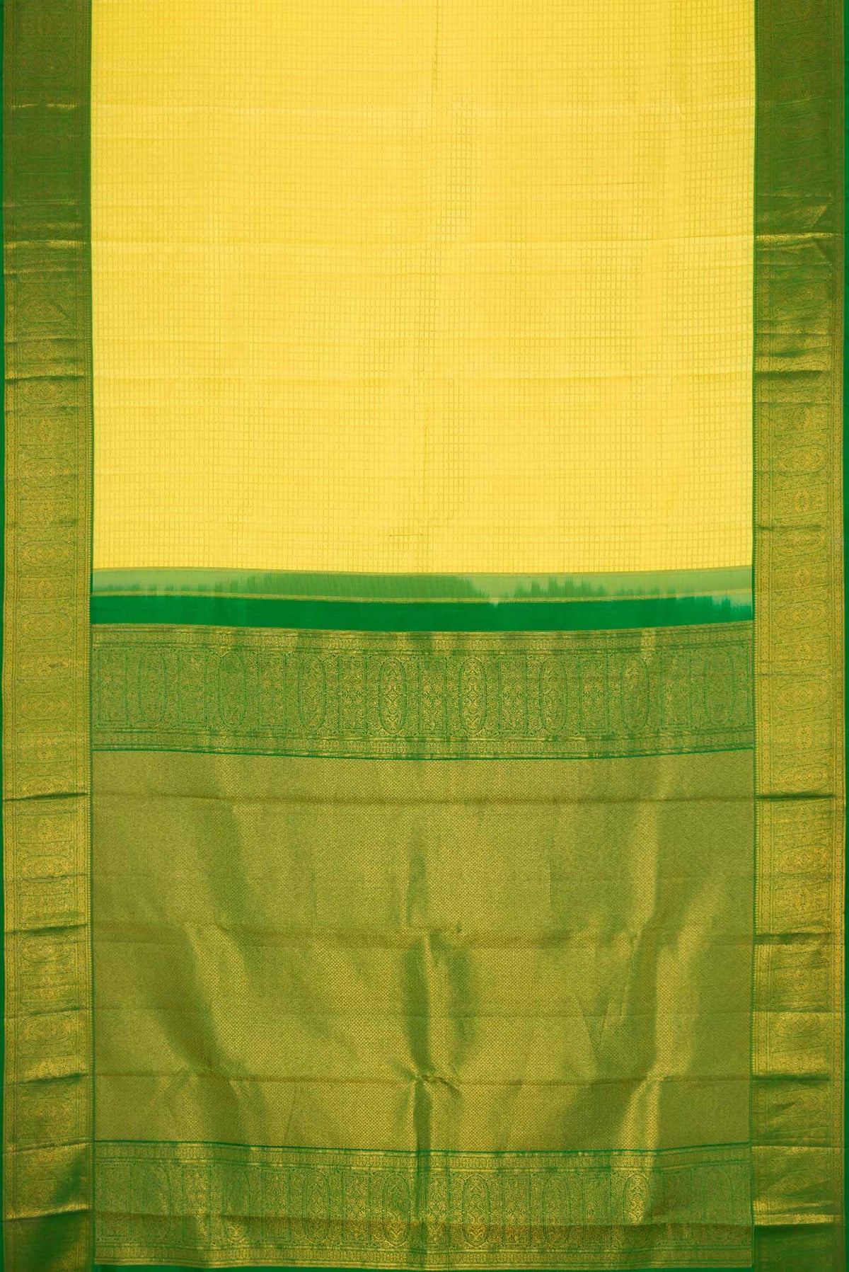 Flat view of Yellow Dual Tone Kanchipuram Silk Saree with Checked design on the body and Zari Border
