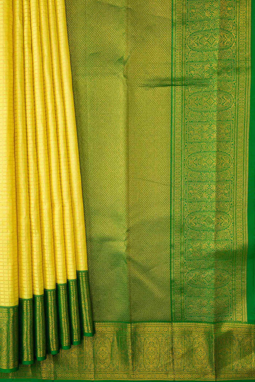 Pleats and pallu of Yellow Dual Tone Kanchipuram Silk Saree with Checked design on the body and Zari Border