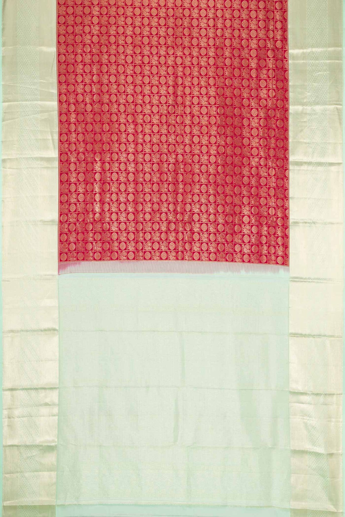 Flat view of Maroon Dual Tone Kanchipuram Silk Saree with Zari Brocade on the body and Zari Border. 