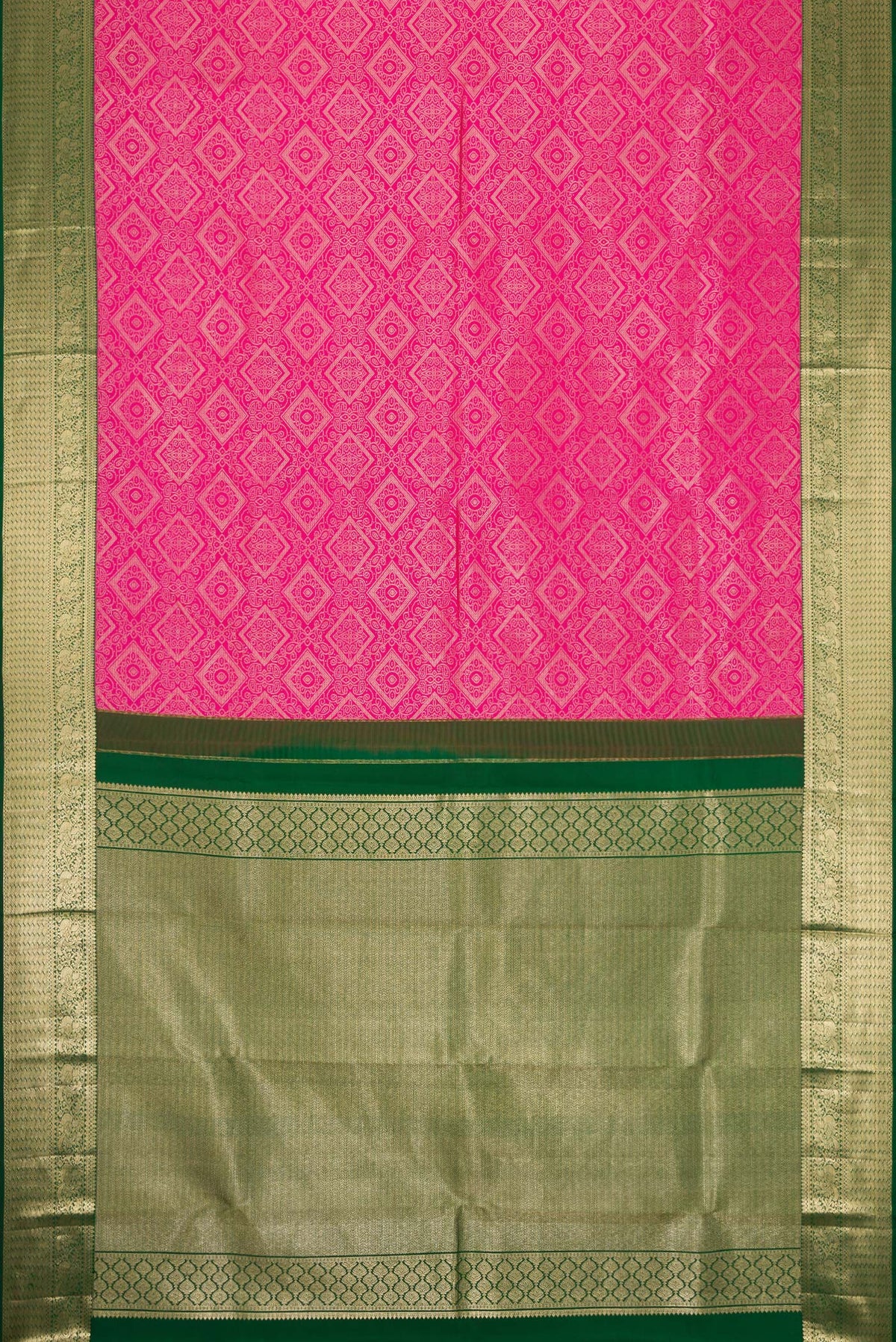 Flat view of Pink Dual Tone Kanjivaram Silk Saree with Zari Brocade on the body and Zari Border. 