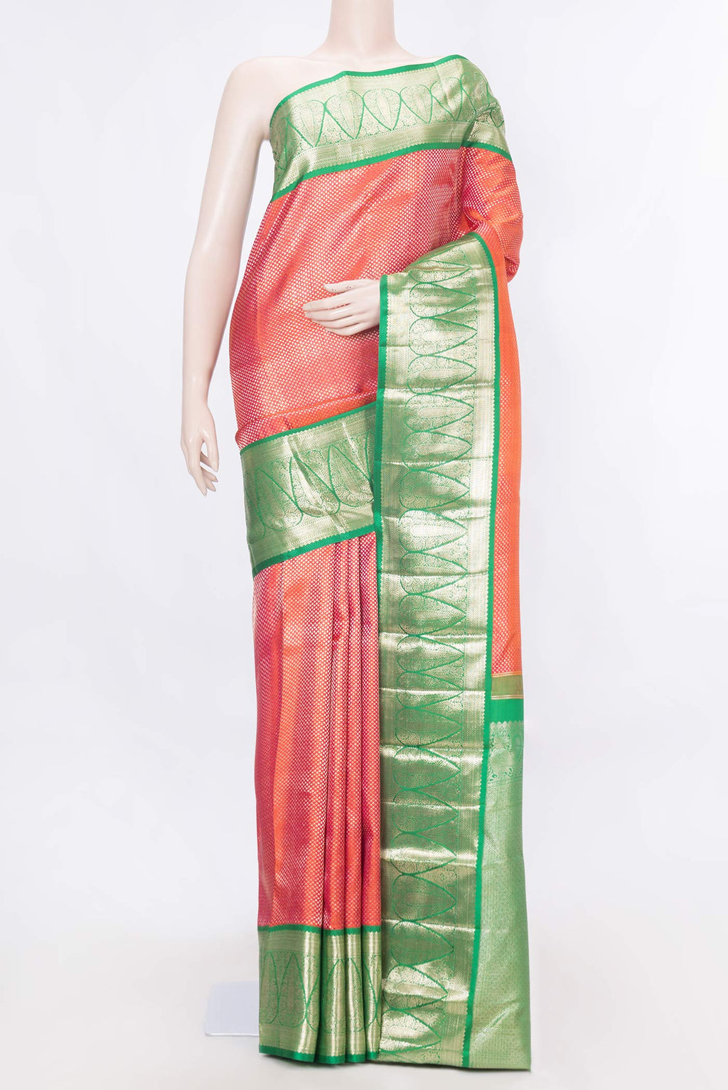 Pink Dual Tone Kanchipuram Silk Saree with Zari Brocade on the body and Zari Border displayed on a mannequin