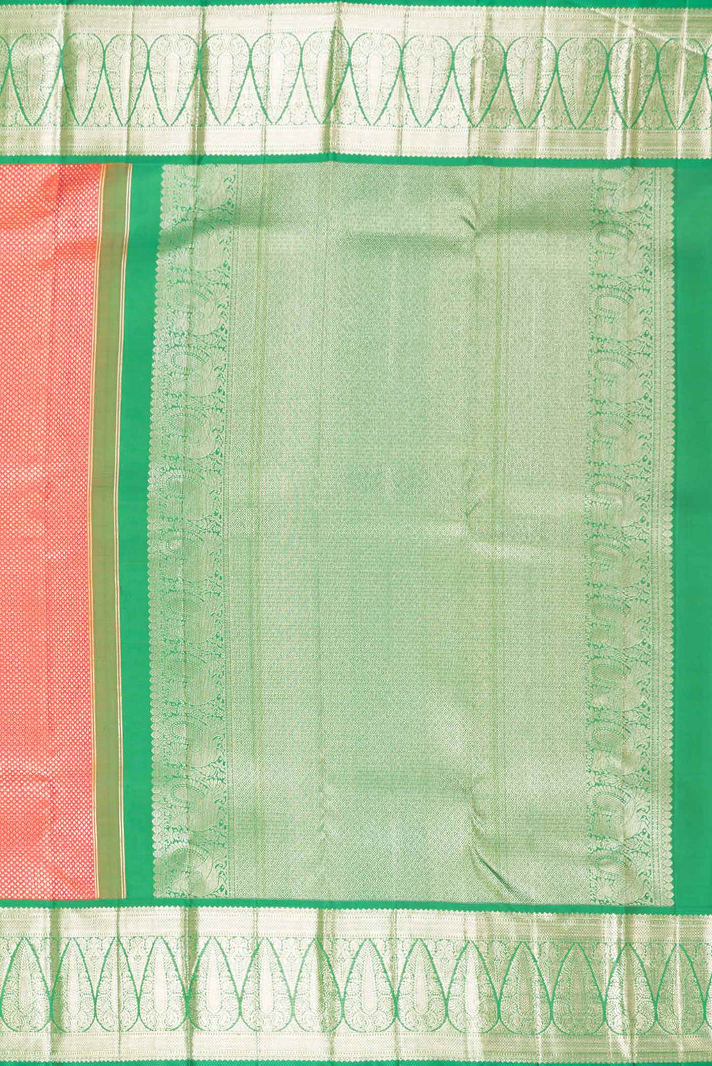 Close up image of the pallu of Pink Dual Tone Kanchipuram Silk Saree with Zari Brocade on the body and Zari Border