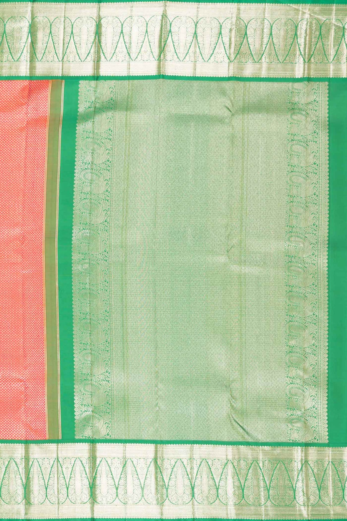 Close up image of the pallu of Pink Dual Tone Kanchipuram Silk Saree with Zari Brocade on the body and Zari Border