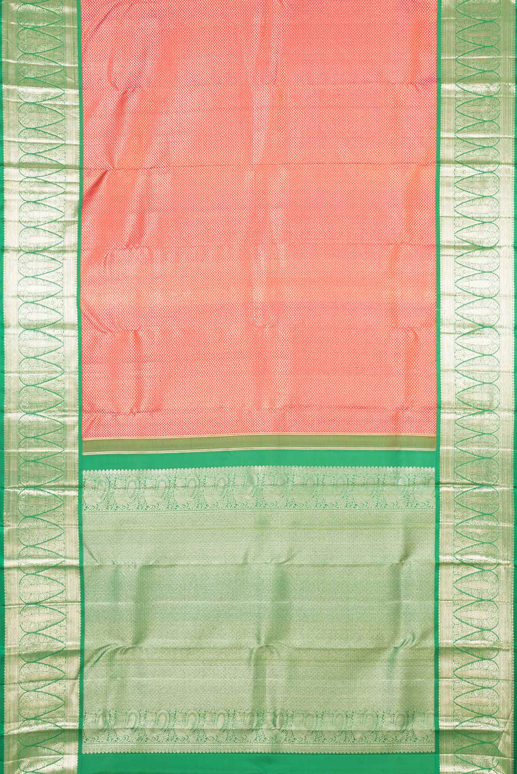 Flat view of Pink Dual Tone Kanchipuram Silk Saree with Zari Brocade on the body and Zari Border