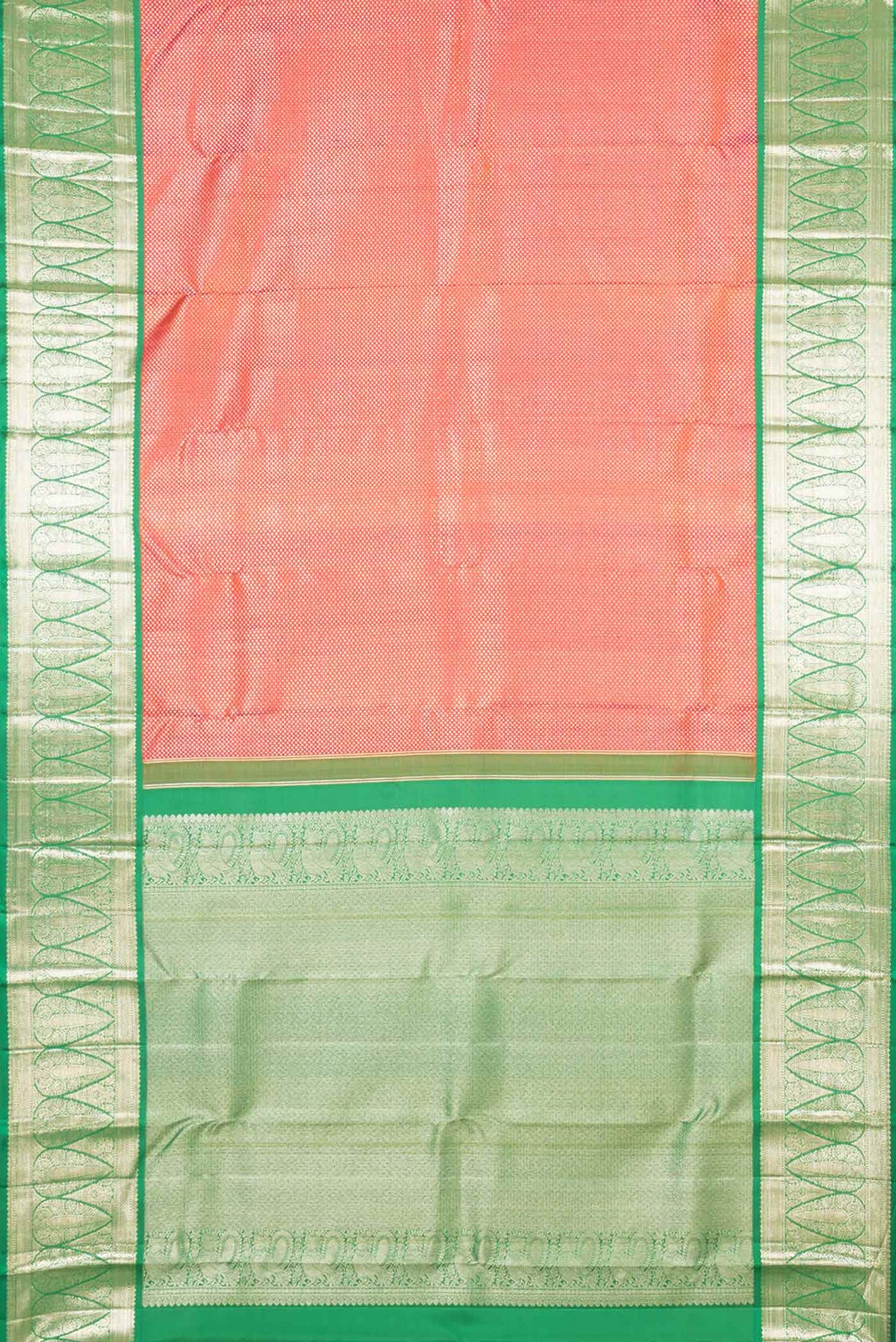 Flat view of Pink Dual Tone Kanchipuram Silk Saree with Zari Brocade on the body and Zari Border