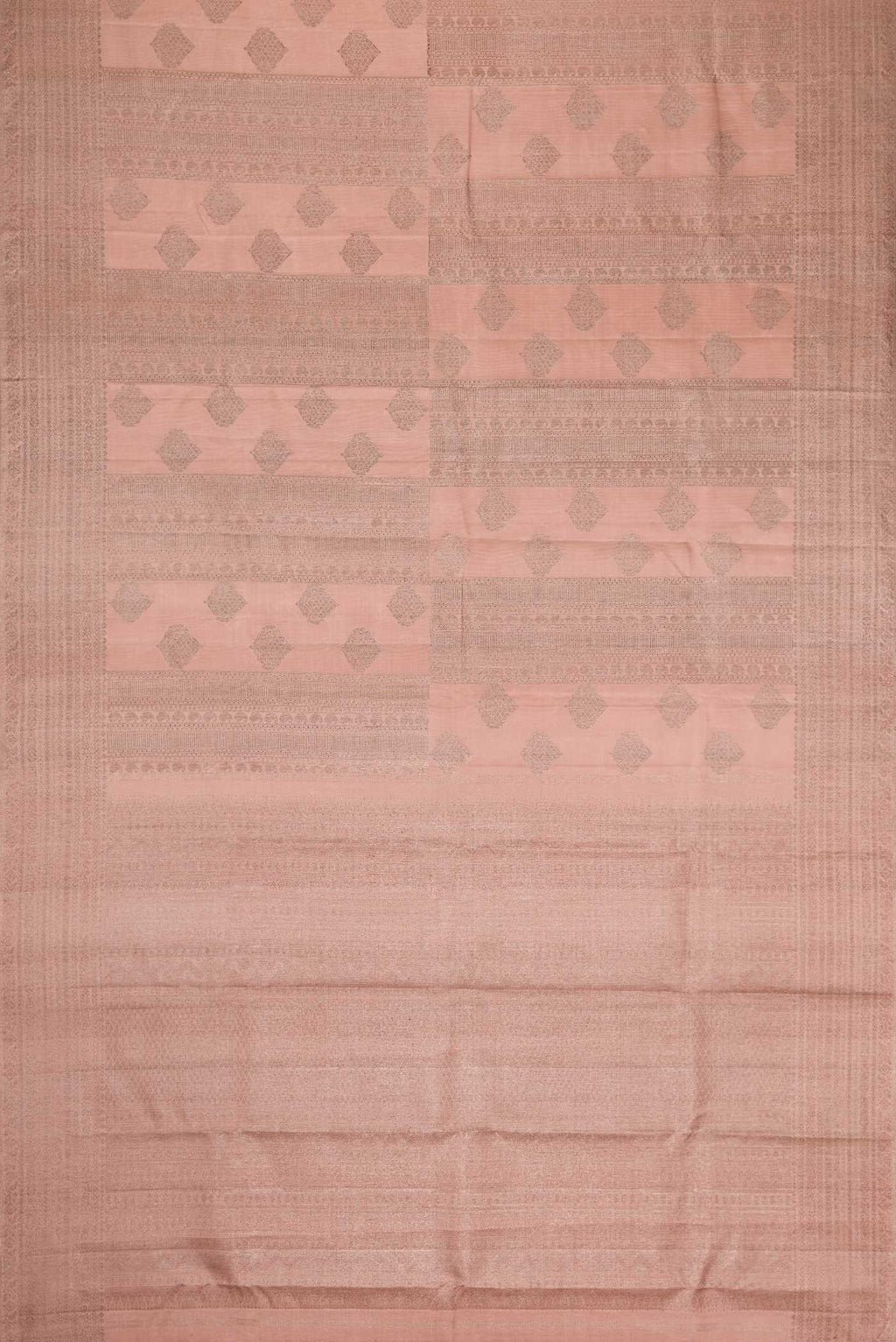 Flat view of Golden Peach Dual Tone Kanchipuram Silk Saree with Zari Brocade on the body and Zari Border