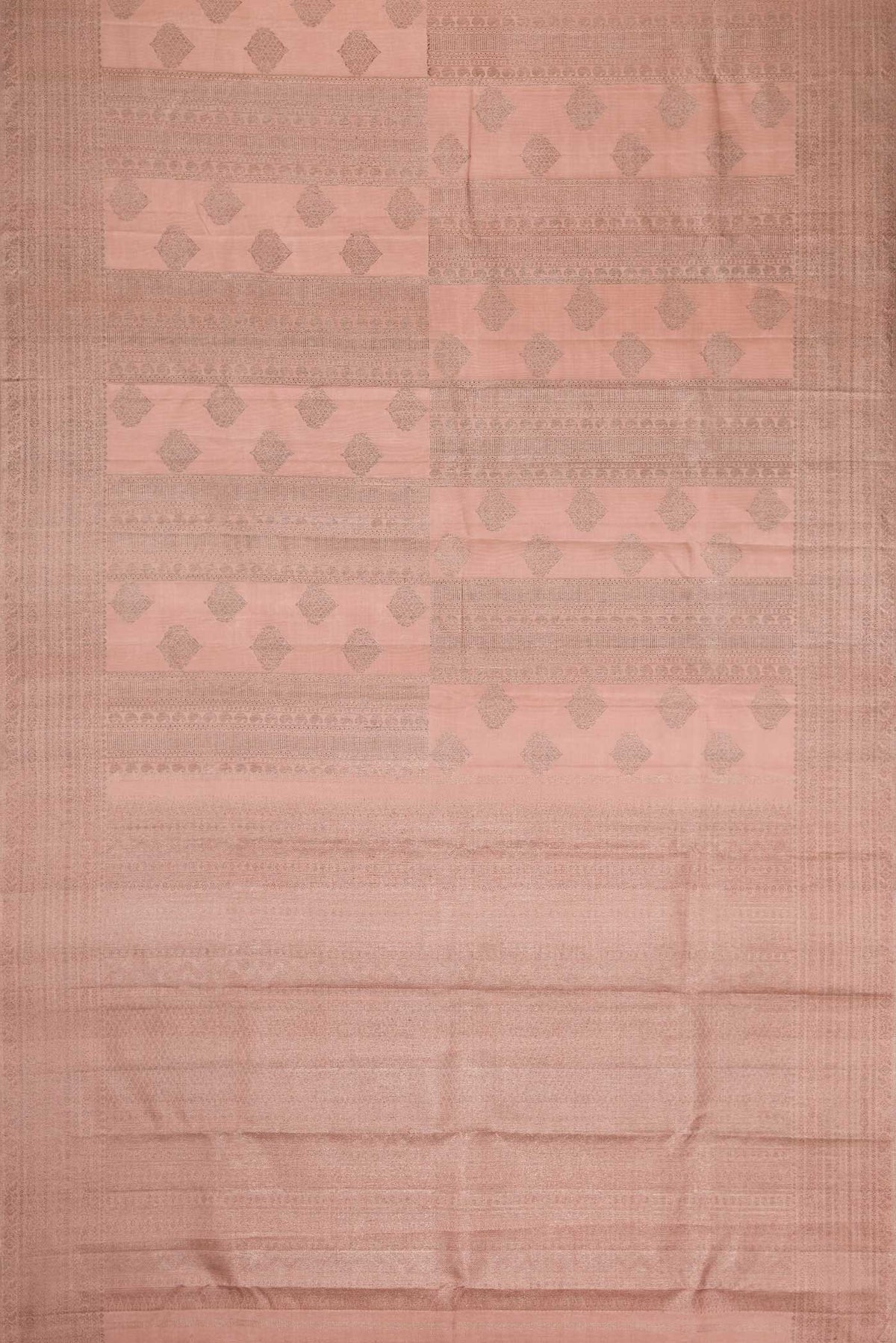 Flat view of Golden Peach Dual Tone Kanchipuram Silk Saree with Zari Brocade on the body and Zari Border