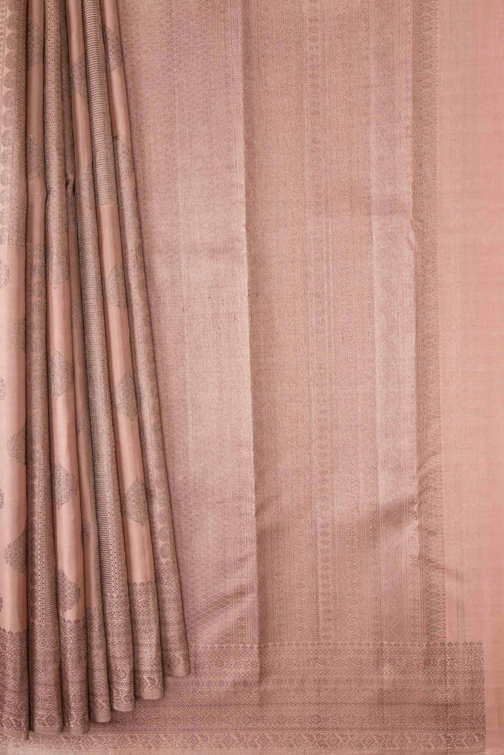 Pleats and pallu of Golden Peach Dual Tone Kanchipuram Silk Saree with Zari Brocade on the body and Zari Border