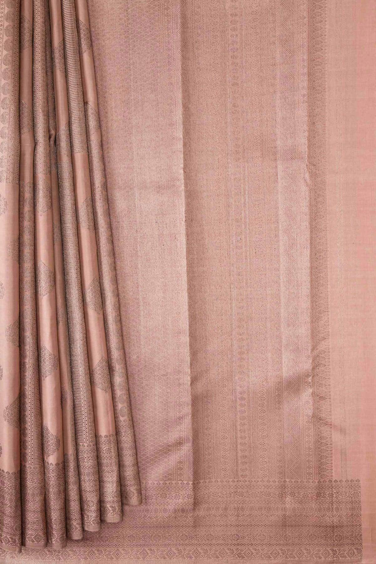 Pleats and pallu of Golden Peach Dual Tone Kanchipuram Silk Saree with Zari Brocade on the body and Zari Border