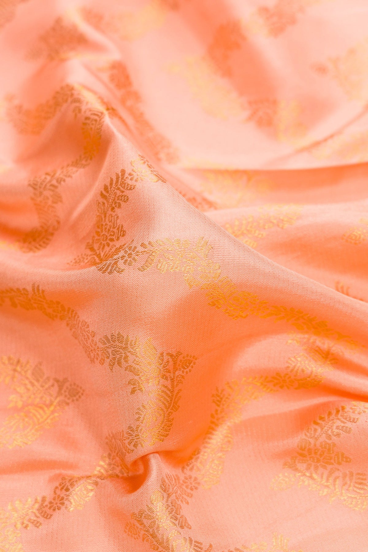 Close up of Peach Dual Tone Kanjivaram Silk Saree with Zari Brocade on the body and Zari Border.  displaying folds