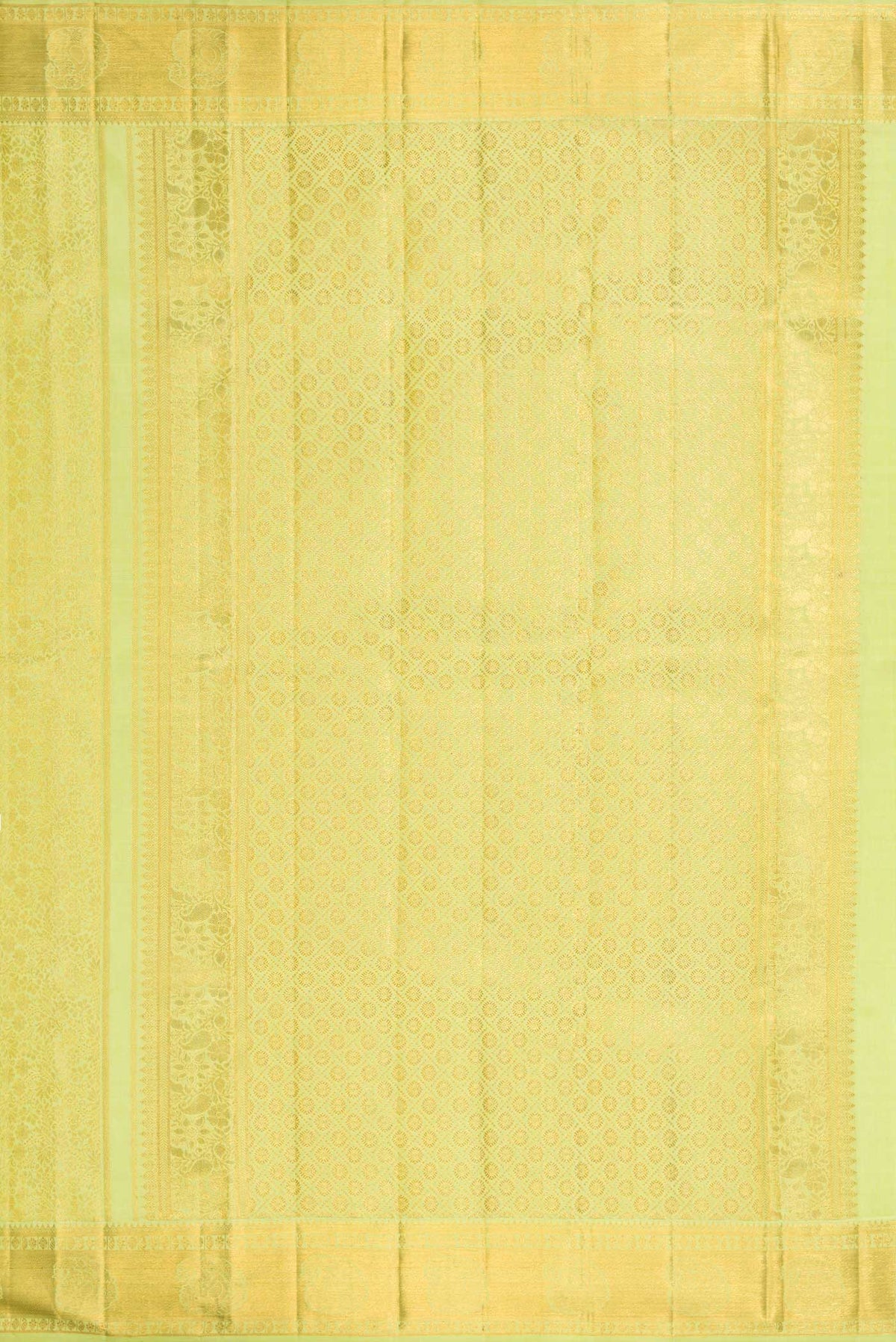 Close up image of the pallu of Parrot Green Dual Tone Kanchipuram Silk Saree with Zari Brocade on the body and Zari Border. 