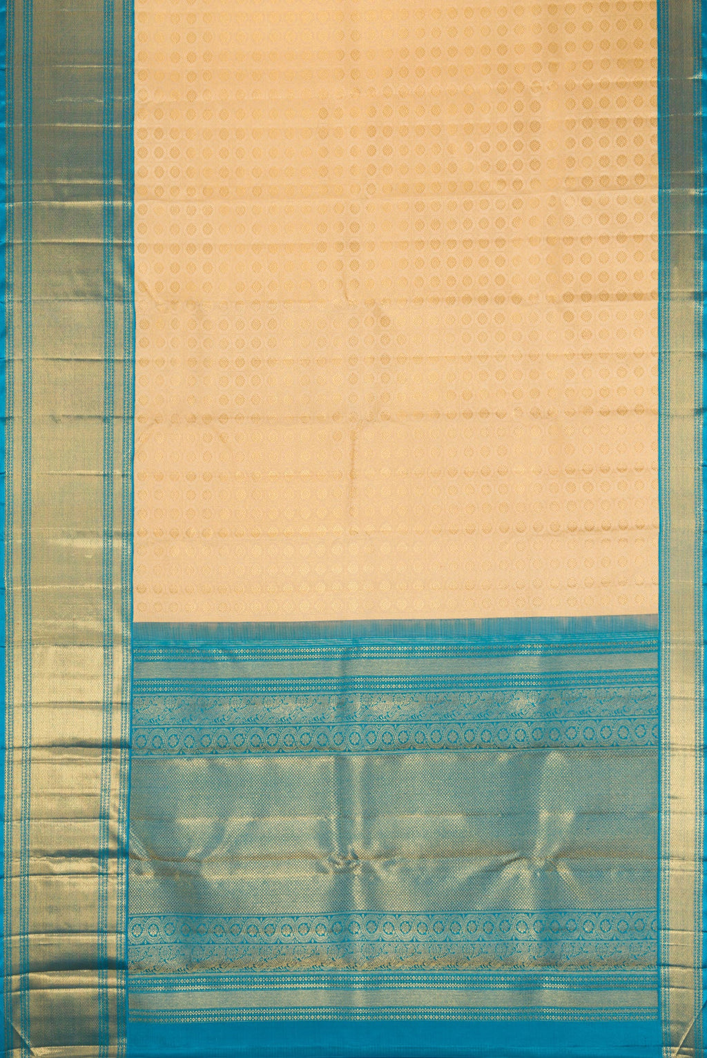 Flat view of Pure Silk Pure Zari Beige Dual Tone Kanjivaram Saree with Zari Brocade on the body and Zari Border. 