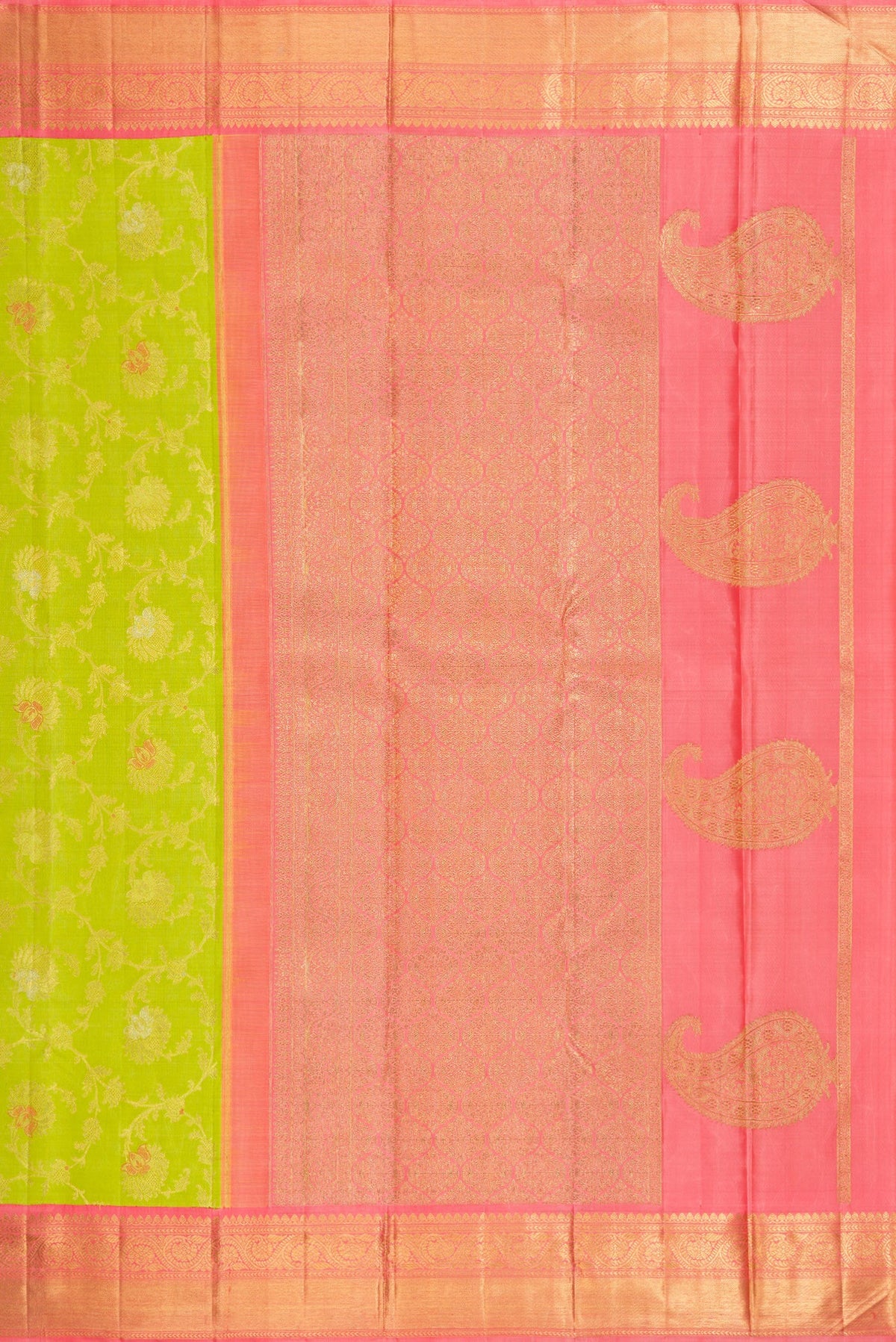 Close up image of the pallu of Pure Silk Pure Zari Parrot Green Dual Tone Kanjivaram Saree with Zari Brocade on the body and Zari Border. 