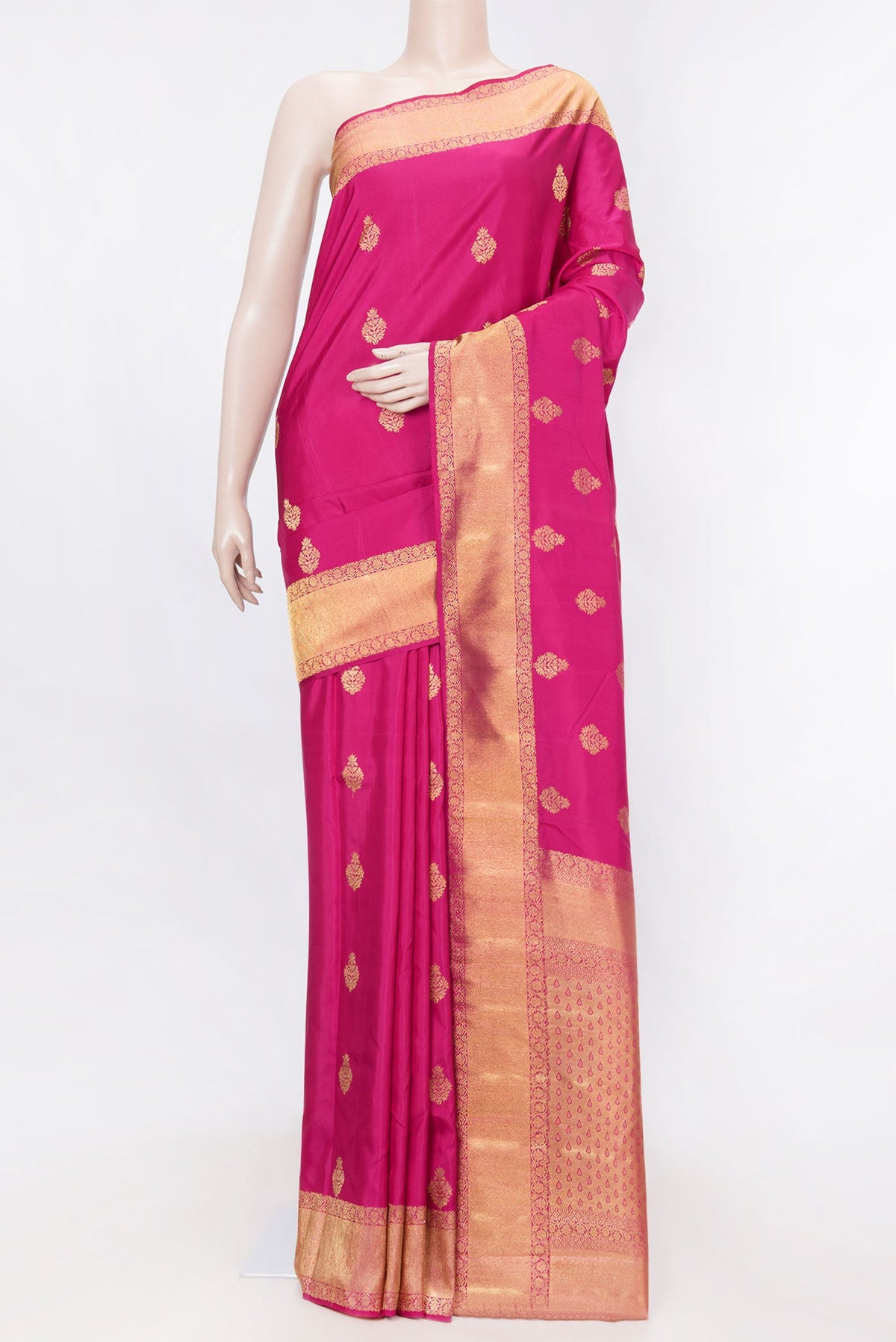 Dark Pink Dual Tone Kanchipuram Silk Saree with Zari Butta on the body and Zari Border displayed on a mannequin