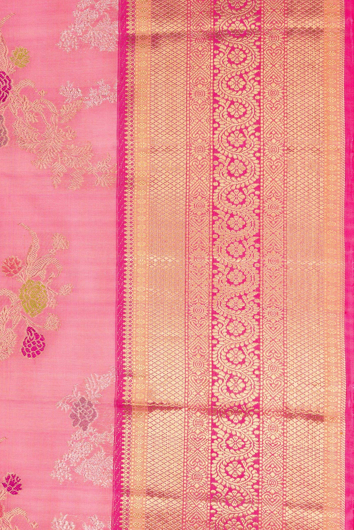 Border image of Pure Silk Pure Zari Pink Dual Tone Kanjivaram Saree with Zari Brocade on the body and Zari Border. 