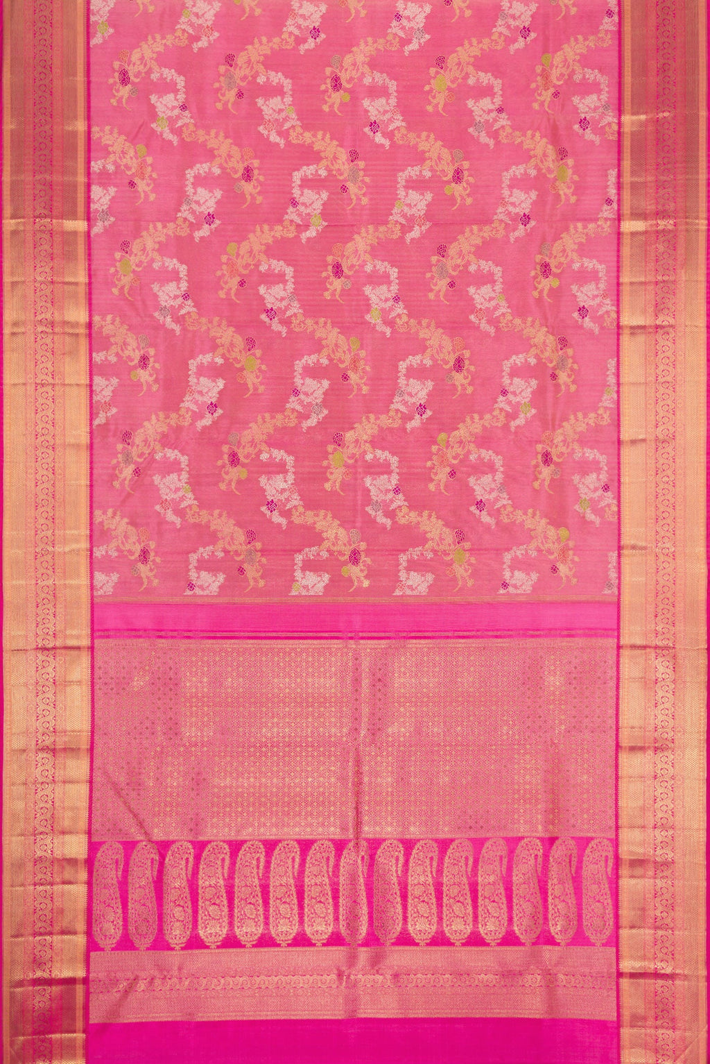 Flat view of Pure Silk Pure Zari Pink Dual Tone Kanjivaram Saree with Zari Brocade on the body and Zari Border. 