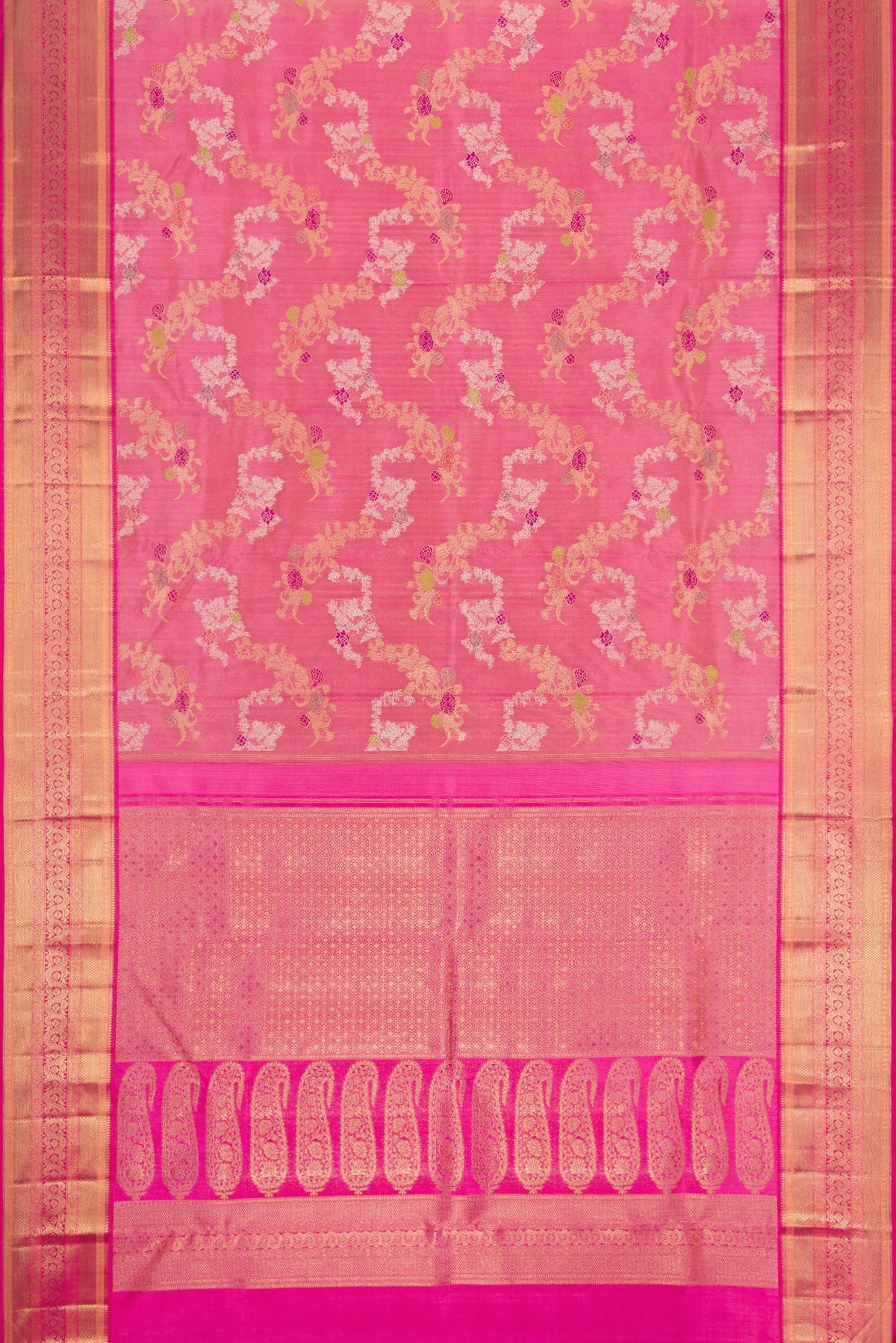 Flat view of Pure Silk Pure Zari Pink Dual Tone Kanjivaram Saree with Zari Brocade on the body and Zari Border. 