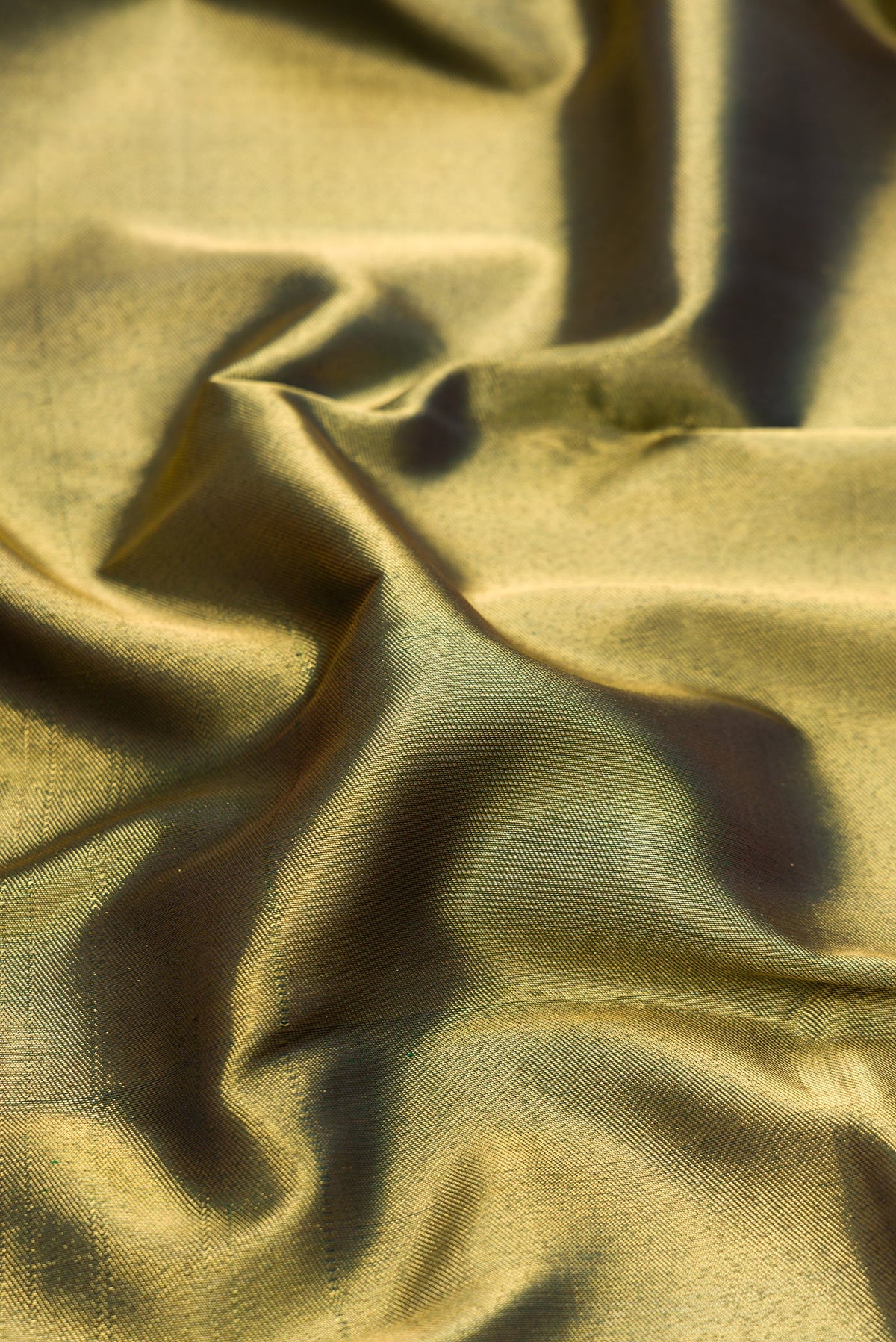 Close up of Pure Silk Pure Zari Bottle Green Dual Tone Kanjivaram Saree with Zari Brocade on the body and Fancy Border.  displaying folds