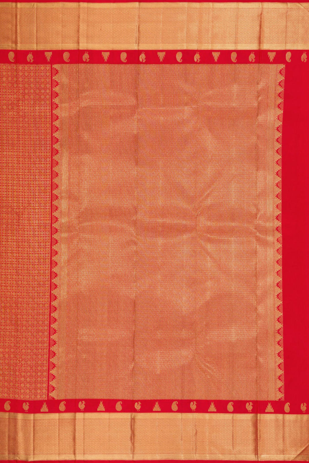 Close up image of the pallu of Pure Silk Pure Zari Red Dual Tone Kanjivaram Saree with Zari Brocade on the body and Zari Border. 