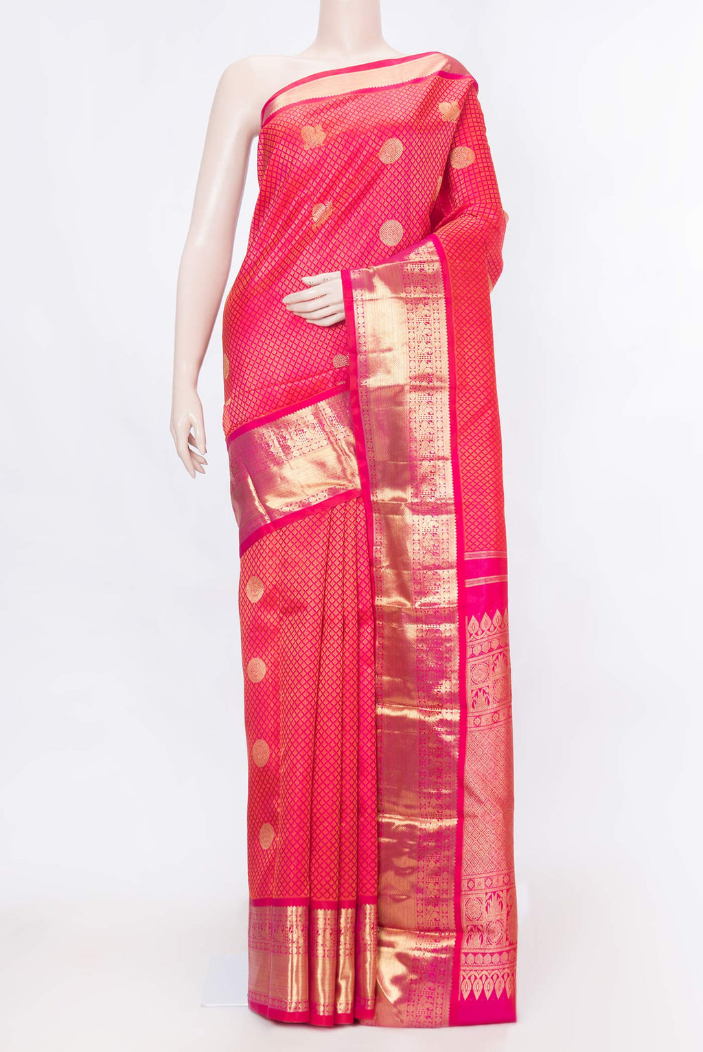 Pure Silk Pure Zari Pink Dual Tone Kanchipuram Saree with Jacquard With Zari Butta on the body and Zari Border displayed on a mannequin