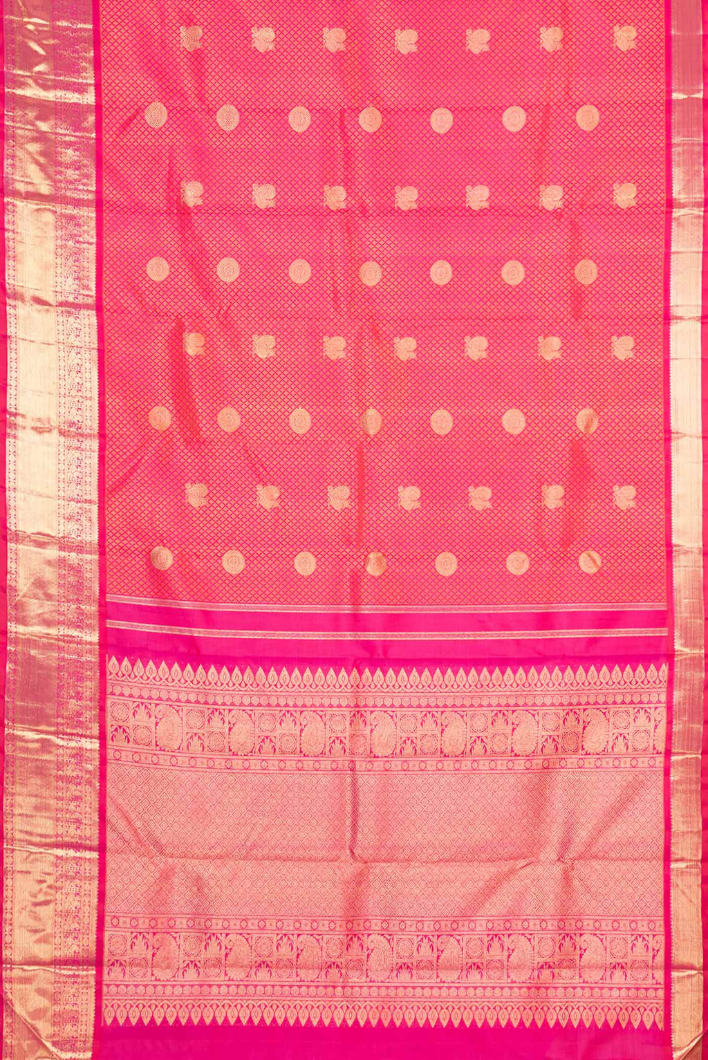 Flat view of Pure Silk Pure Zari Pink Dual Tone Kanchipuram Saree with Jacquard With Zari Butta on the body and Zari Border