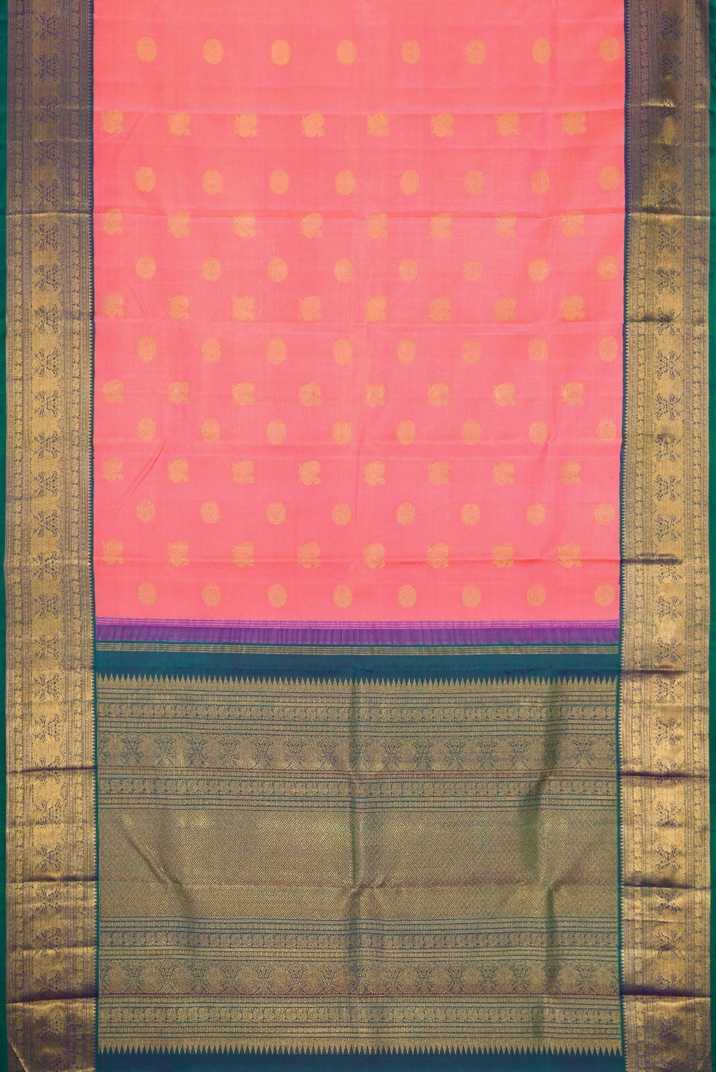 Flat view of Pure Silk Pure Zari Pink Dual Tone Kanjivaram Saree with Zari Butta on the body and Zari Border. 