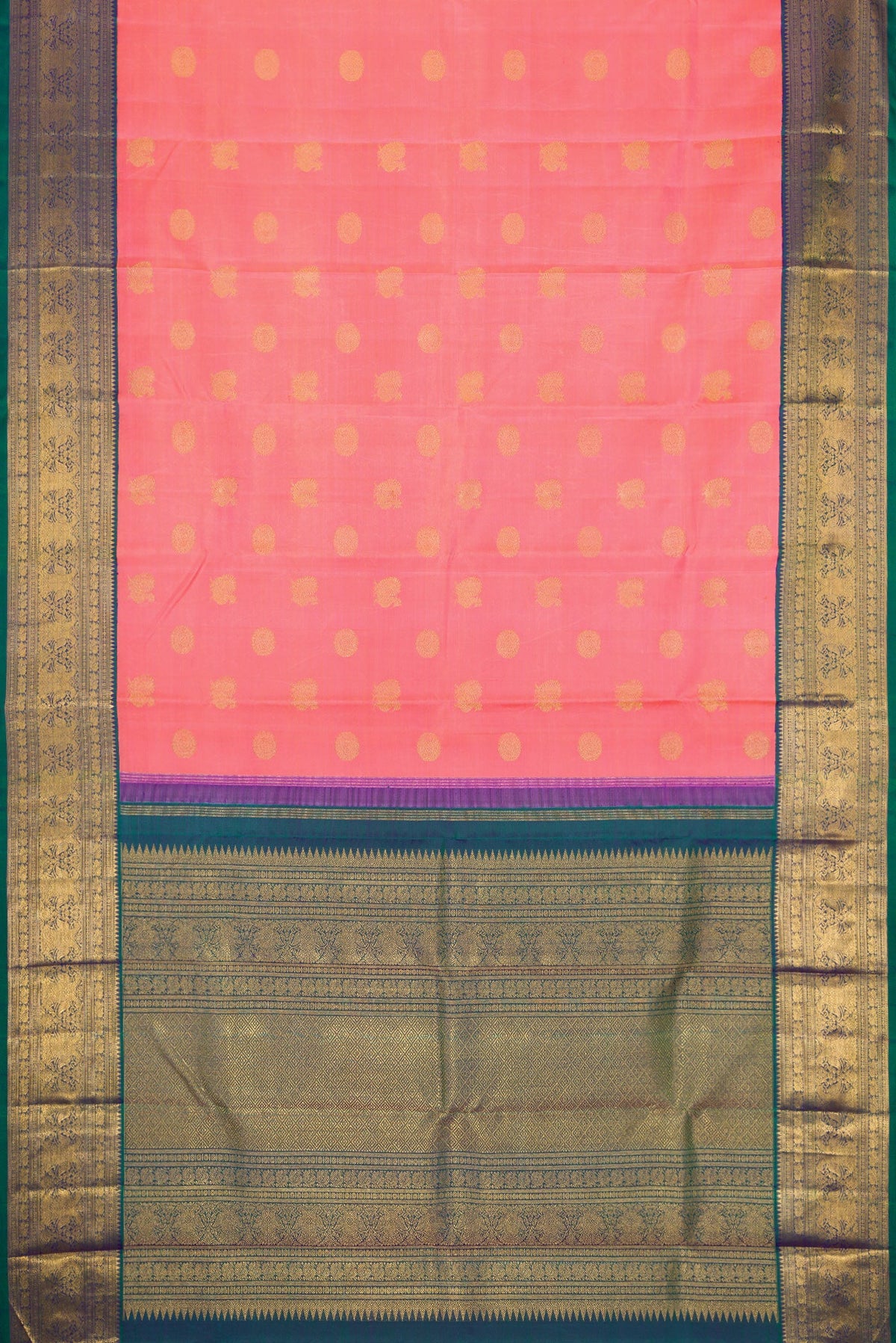 Flat view of Pure Silk Pure Zari Pink Dual Tone Kanjivaram Saree with Zari Butta on the body and Zari Border. 