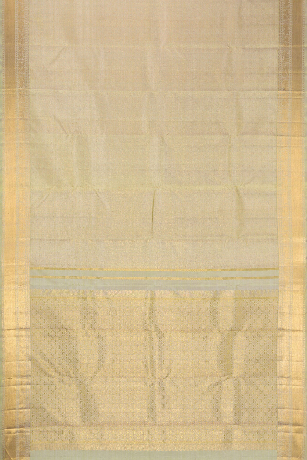 Flat view of Pure Silk Pure Zari Light Green Dual Tone Kanjivaram Saree with Zari Brocade on the body and Zari Border. 