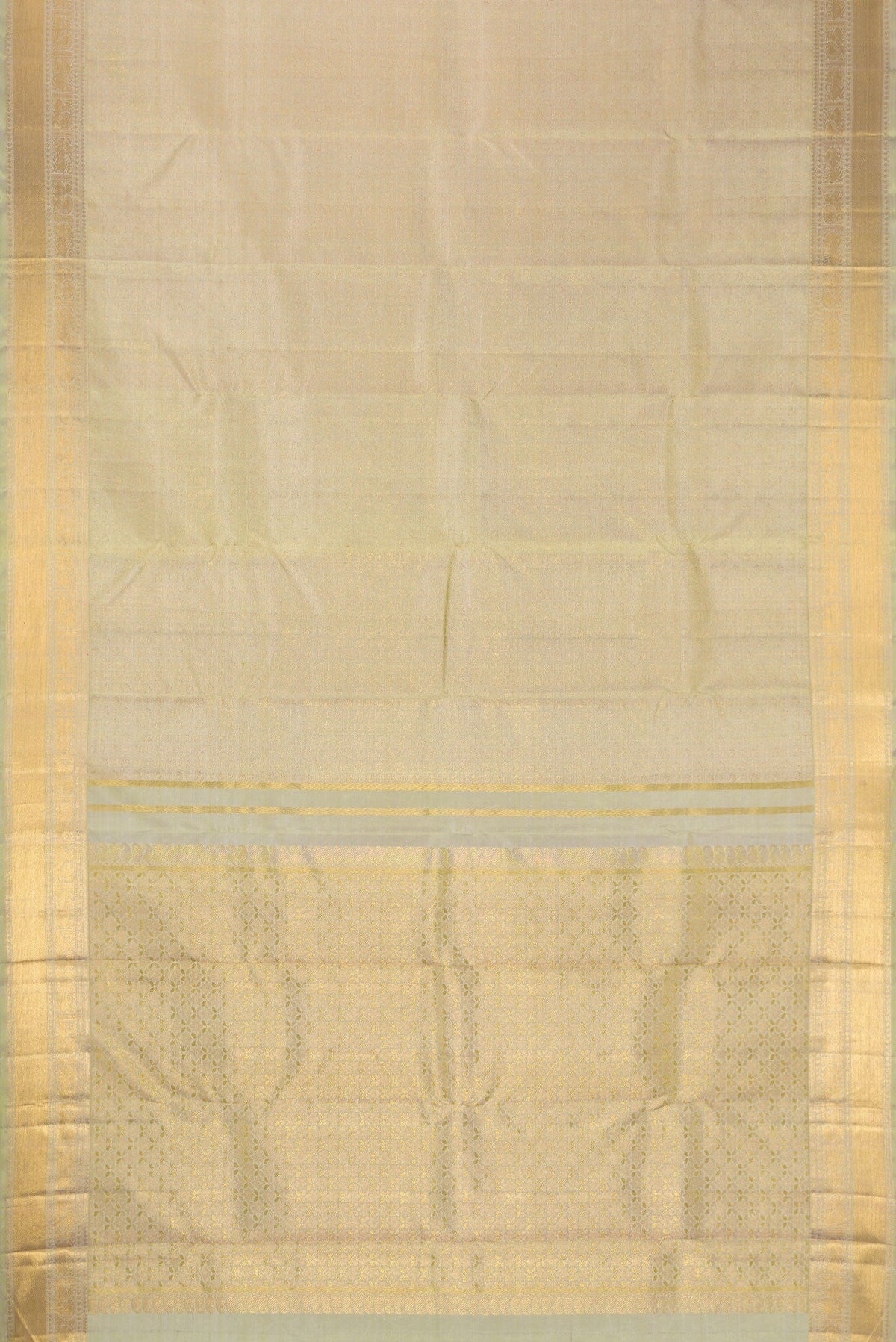 Flat view of Pure Silk Pure Zari Light Green Dual Tone Kanjivaram Saree with Zari Brocade on the body and Zari Border. 