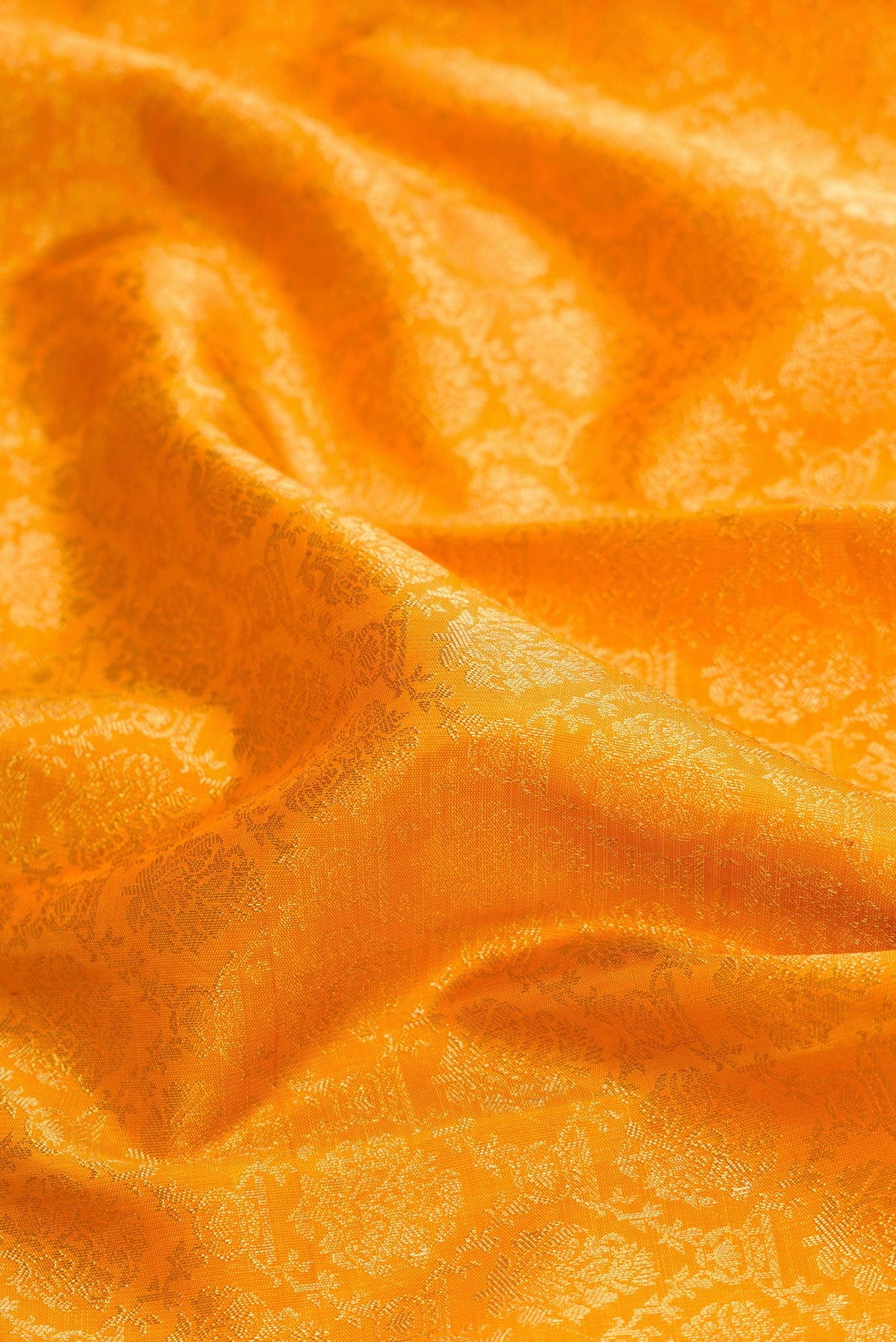 Close up of Pure Silk Pure Zari Mustard Dual Tone Kanjivaram Saree with Zari Brocade on the body and Zari Border.  displaying folds