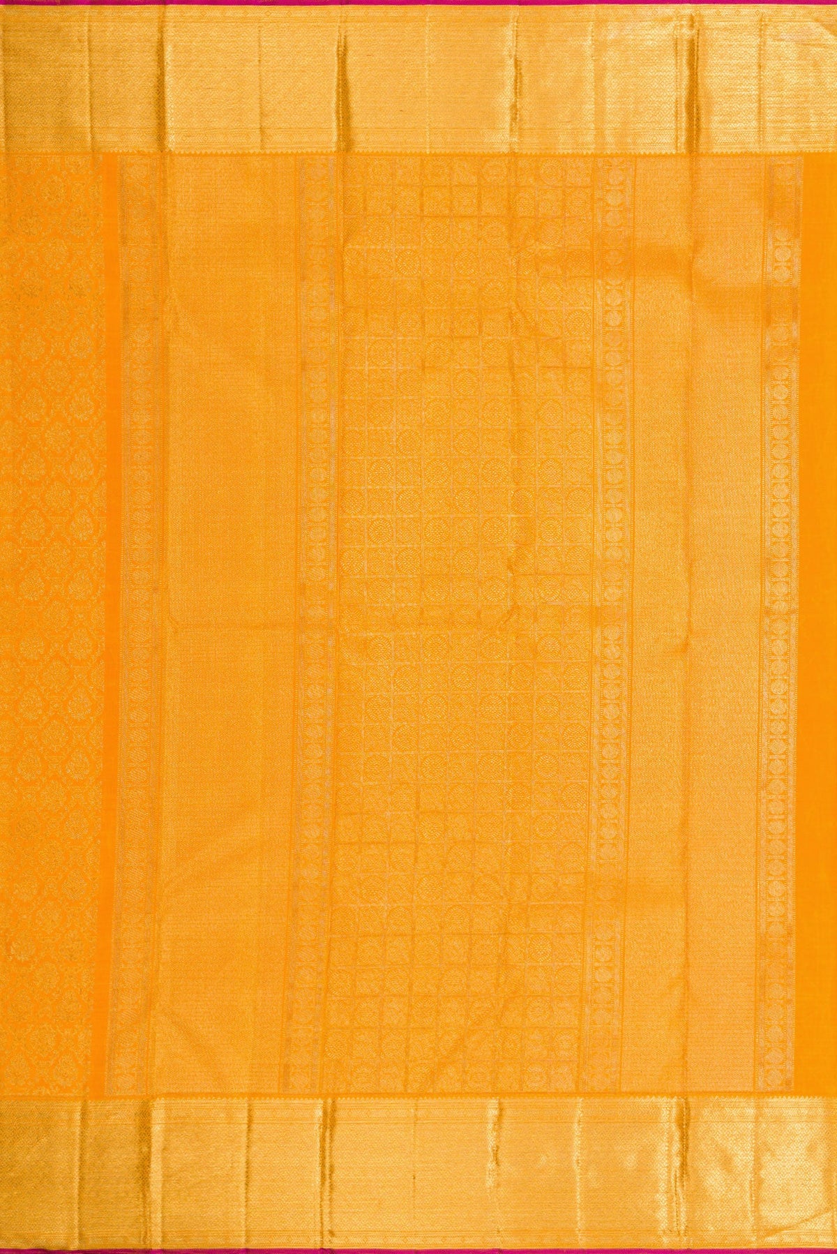 Close up image of the pallu of Pure Silk Pure Zari Mustard Dual Tone Kanjivaram Saree with Zari Brocade on the body and Zari Border. 