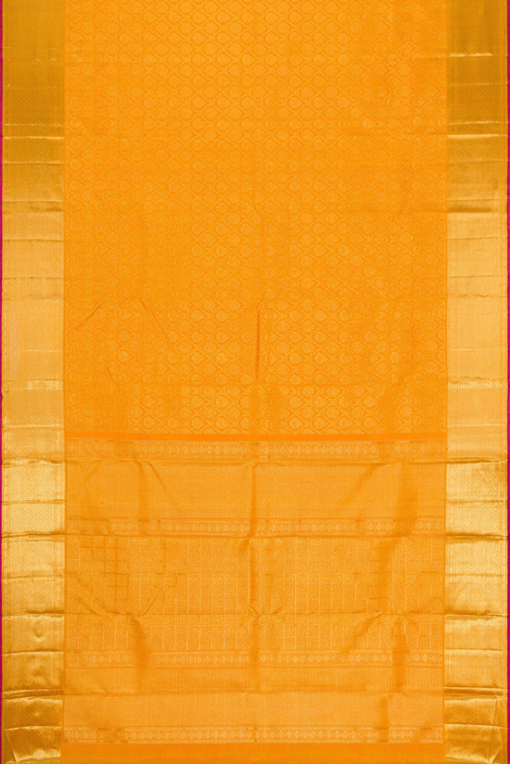 Flat view of Pure Silk Pure Zari Mustard Dual Tone Kanjivaram Saree with Zari Brocade on the body and Zari Border. 