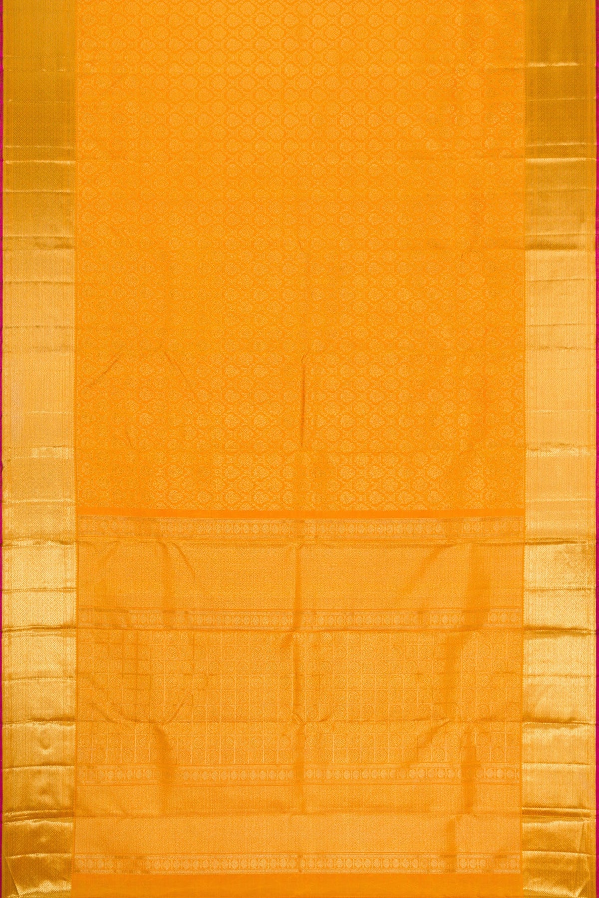 Flat view of Pure Silk Pure Zari Mustard Dual Tone Kanjivaram Saree with Zari Brocade on the body and Zari Border. 