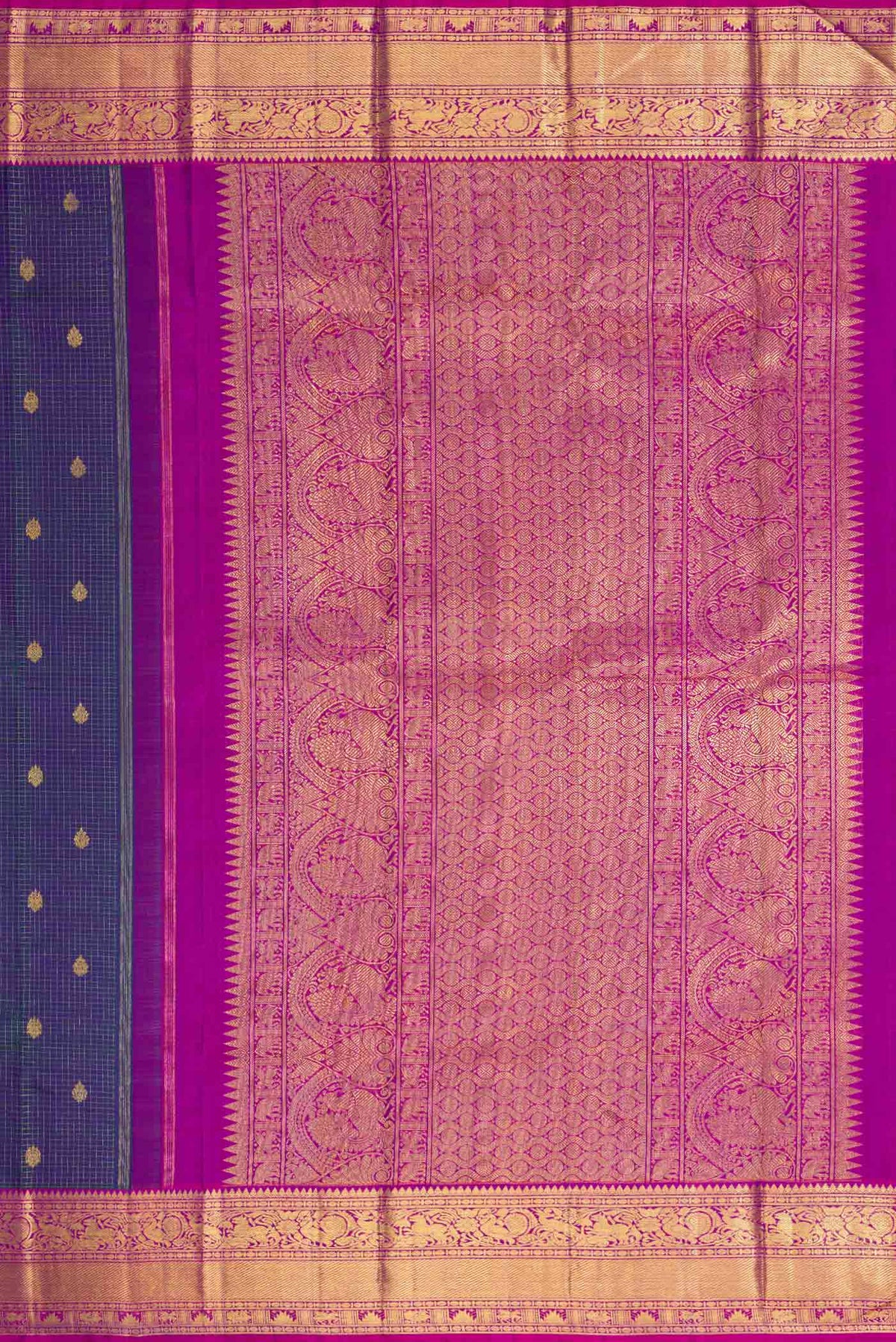 Close up image of the pallu of Pure Silk Pure Zari Peacock Blue Dual Tone Kanchipuram Saree with Checked design on the body and Zari Border