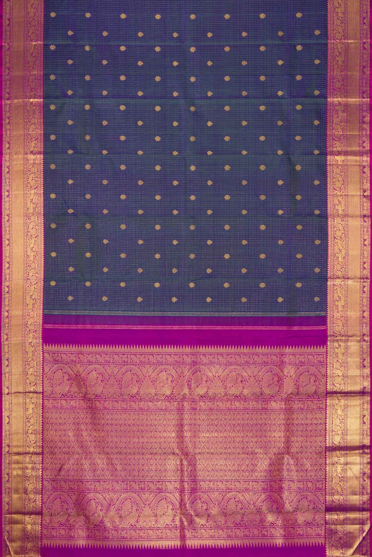 Flat view of Pure Silk Pure Zari Peacock Blue Dual Tone Kanchipuram Saree with Checked design on the body and Zari Border