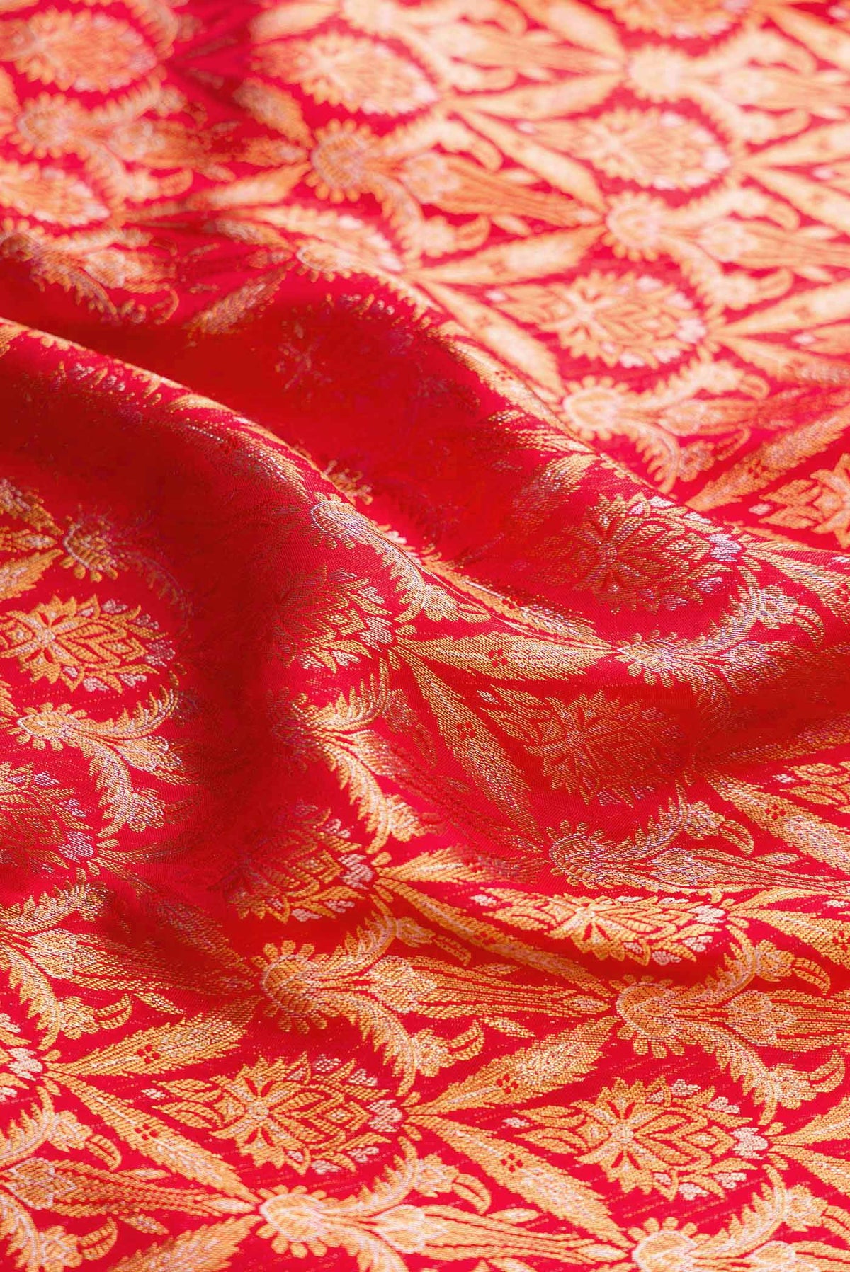 Close up of Red Dual Tone Kanchipuram Silk Saree with Zari Brocade on the body and Zari Border displaying folds