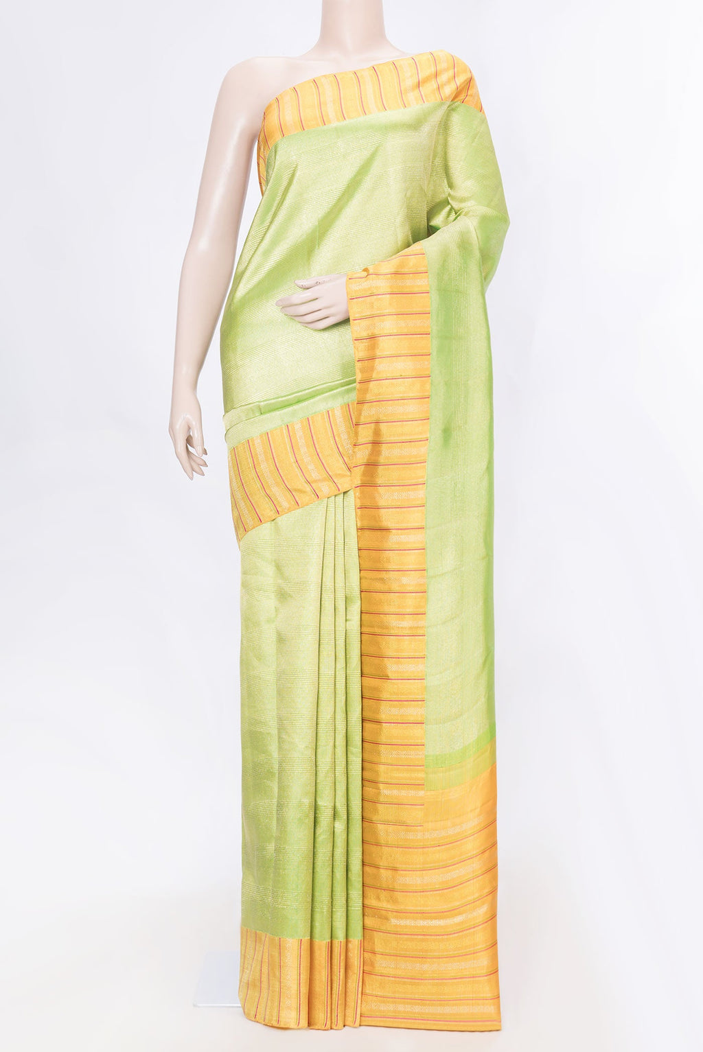 Pure Silk Pure Zari Green Dual Tone Kanchipuram Saree with Zari Brocade on the body and Zari Border displayed on a mannequin