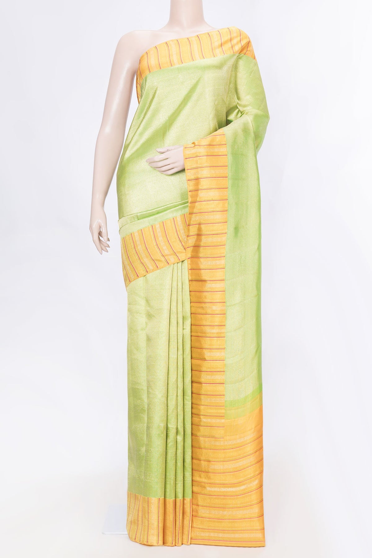 Pure Silk Pure Zari Green Dual Tone Kanchipuram Saree with Zari Brocade on the body and Zari Border displayed on a mannequin