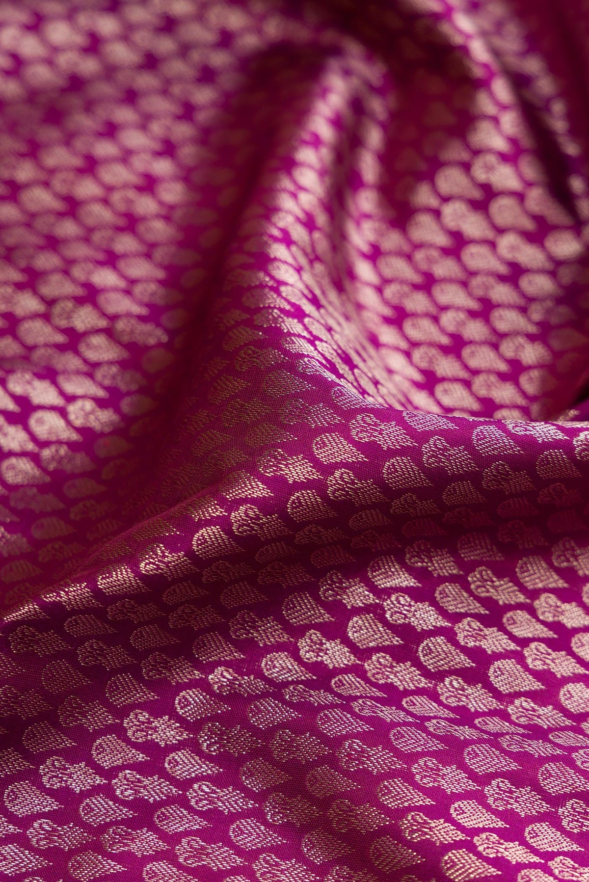 Close up of Magenta Kanchipuram Silk Saree with Zari Brocade on the body and Fancy Border.  displaying folds