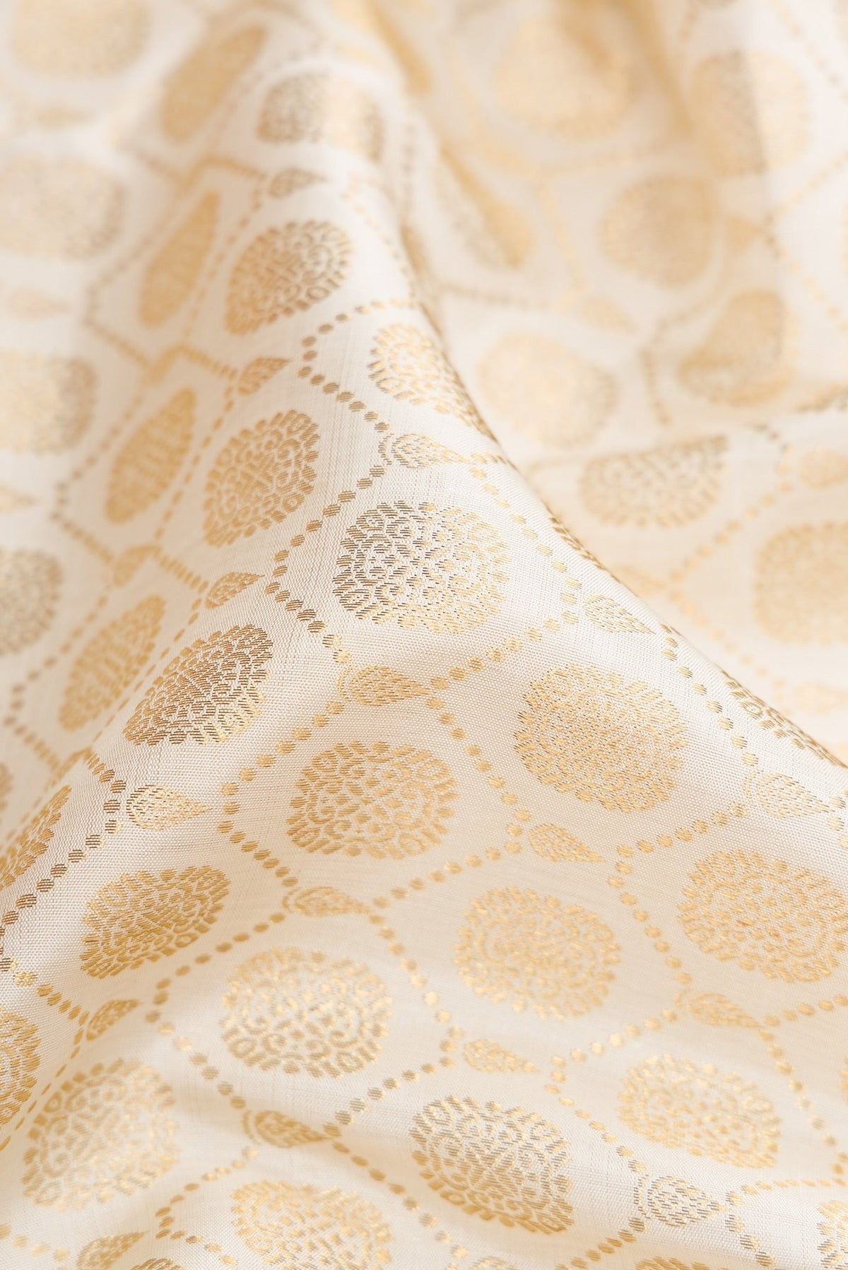 Close up of Off White Dual Tone Kanchipuram Silk Saree with Zari Brocade on the body and Zari Border.  displaying folds