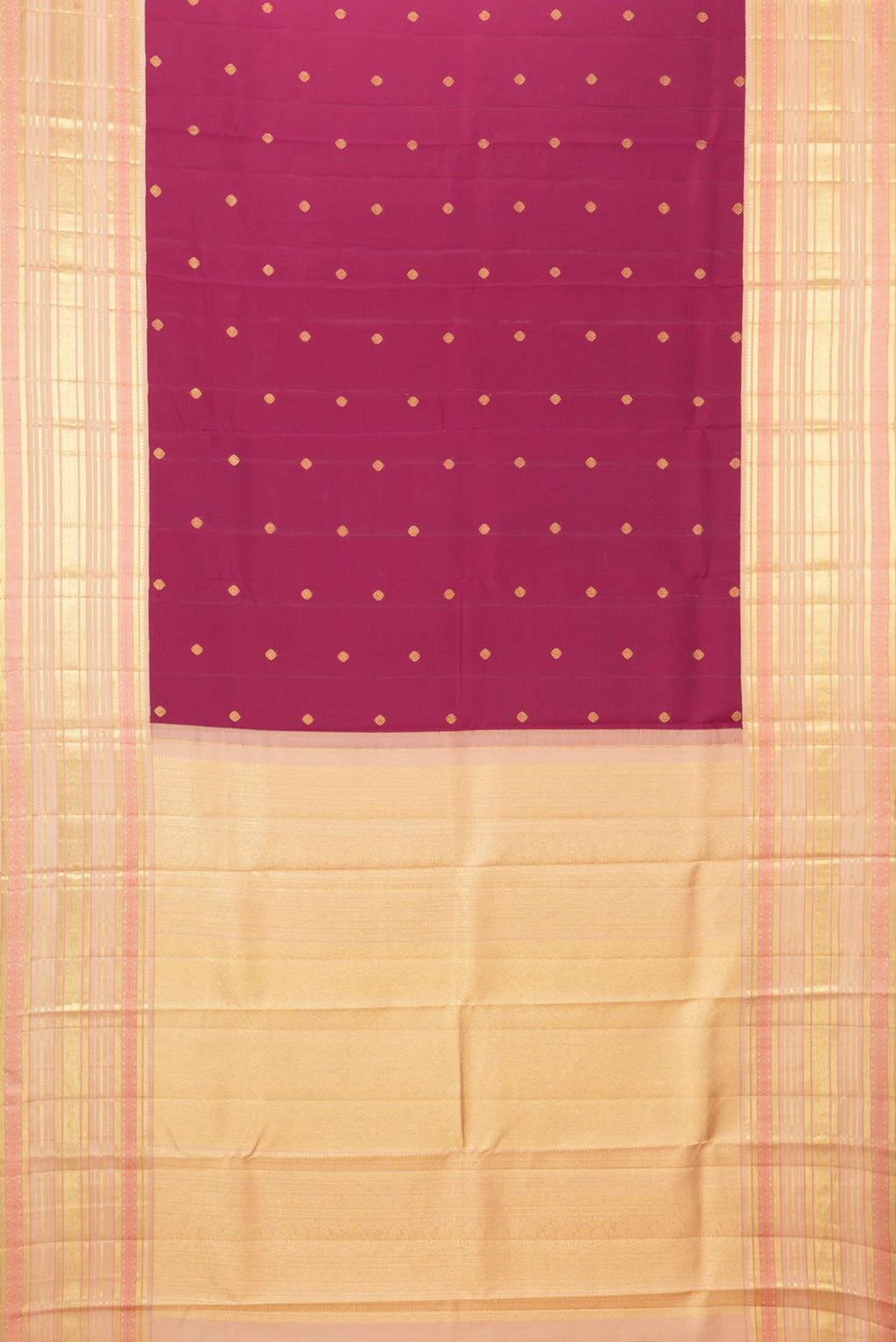 Flat view of Magenta Dual Tone Kanchipuram Saree with Zari Butta on the body and Zari And Thread Border
