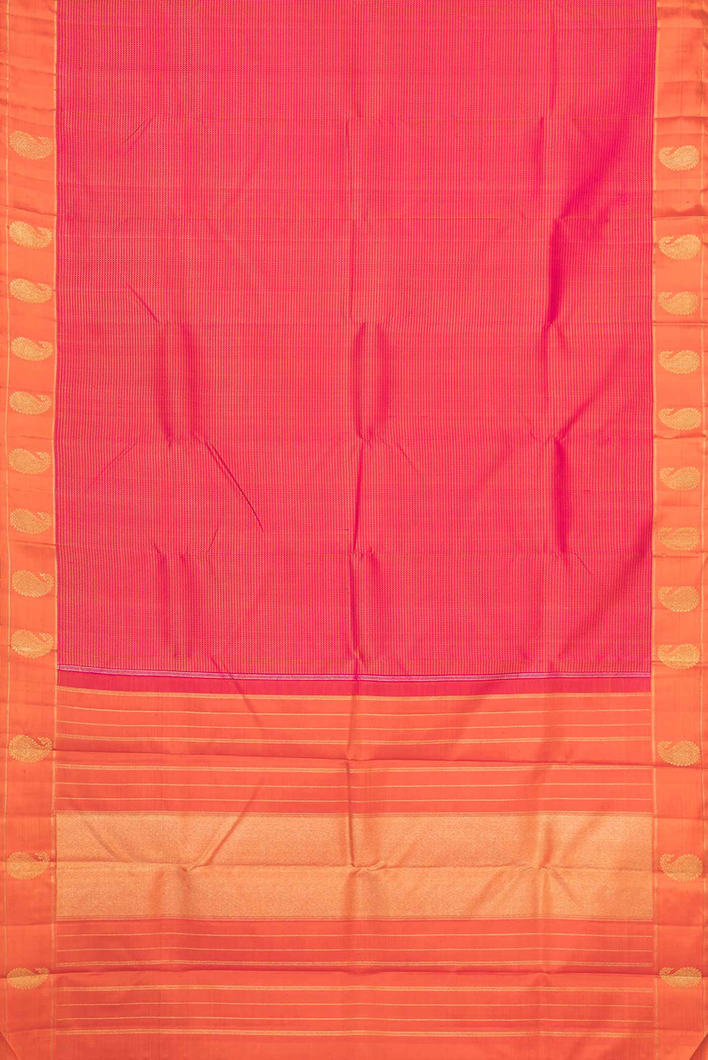 Flat view of Pure Silk Pure Zari Pink Dual Tone Kanchipuram SareeJacquard design on the body and Zari Border