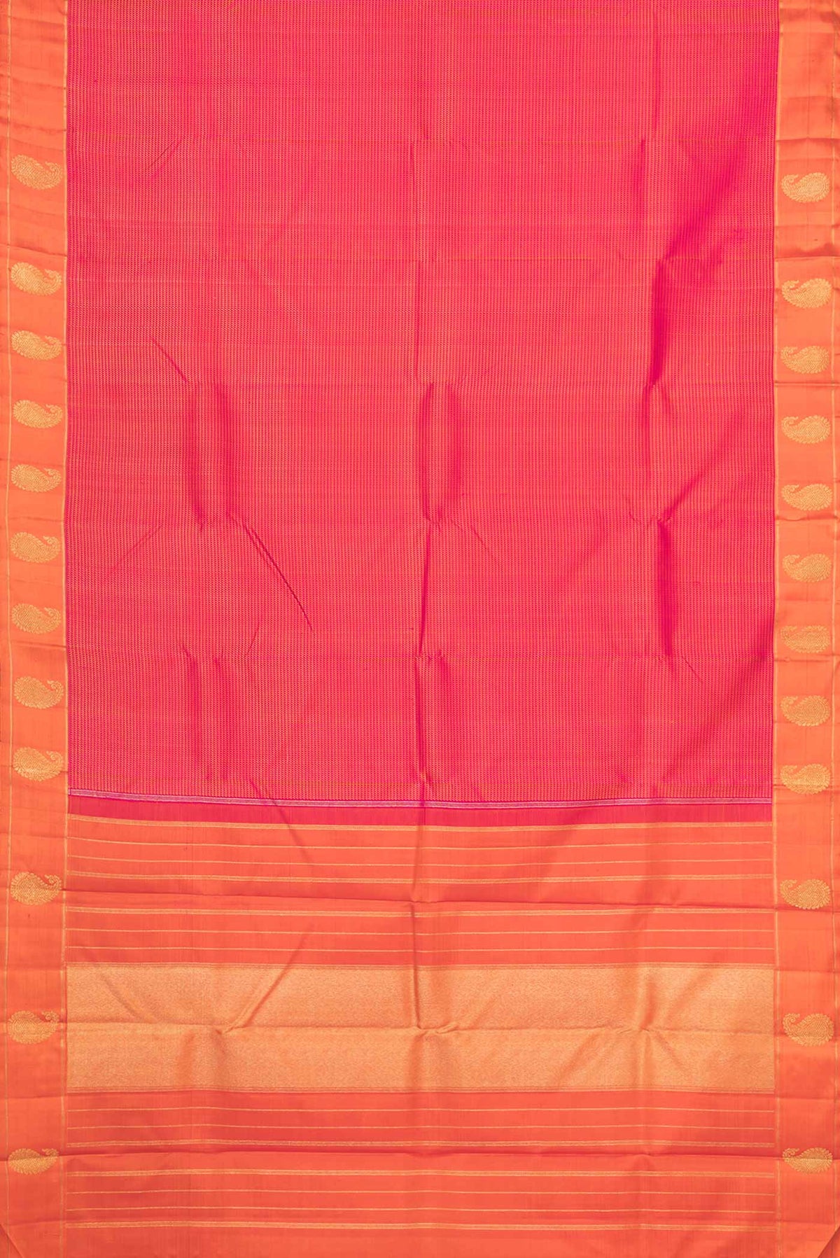 Flat view of Pure Silk Pure Zari Pink Dual Tone Kanchipuram SareeJacquard design on the body and Zari Border